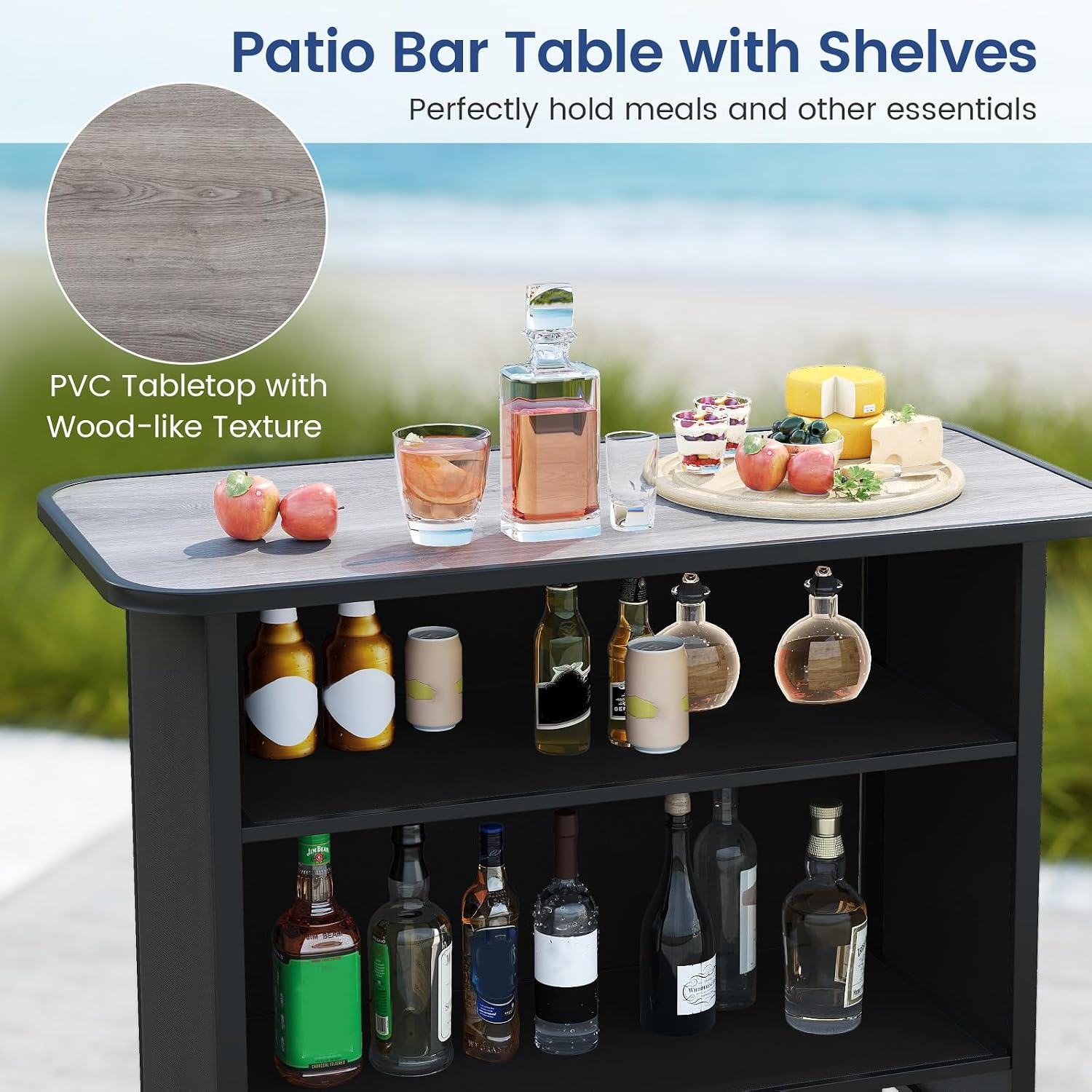 Tangkula 3 Piece Outdoor Bar Set, Patio Bar Height Table & Armchairs with Footrest, Wood Plastic Tabletop & 2-Tier Shelf, Heavy-Duty Metal Barstools & Table Furniture for Backyard, Poolside (Black)
