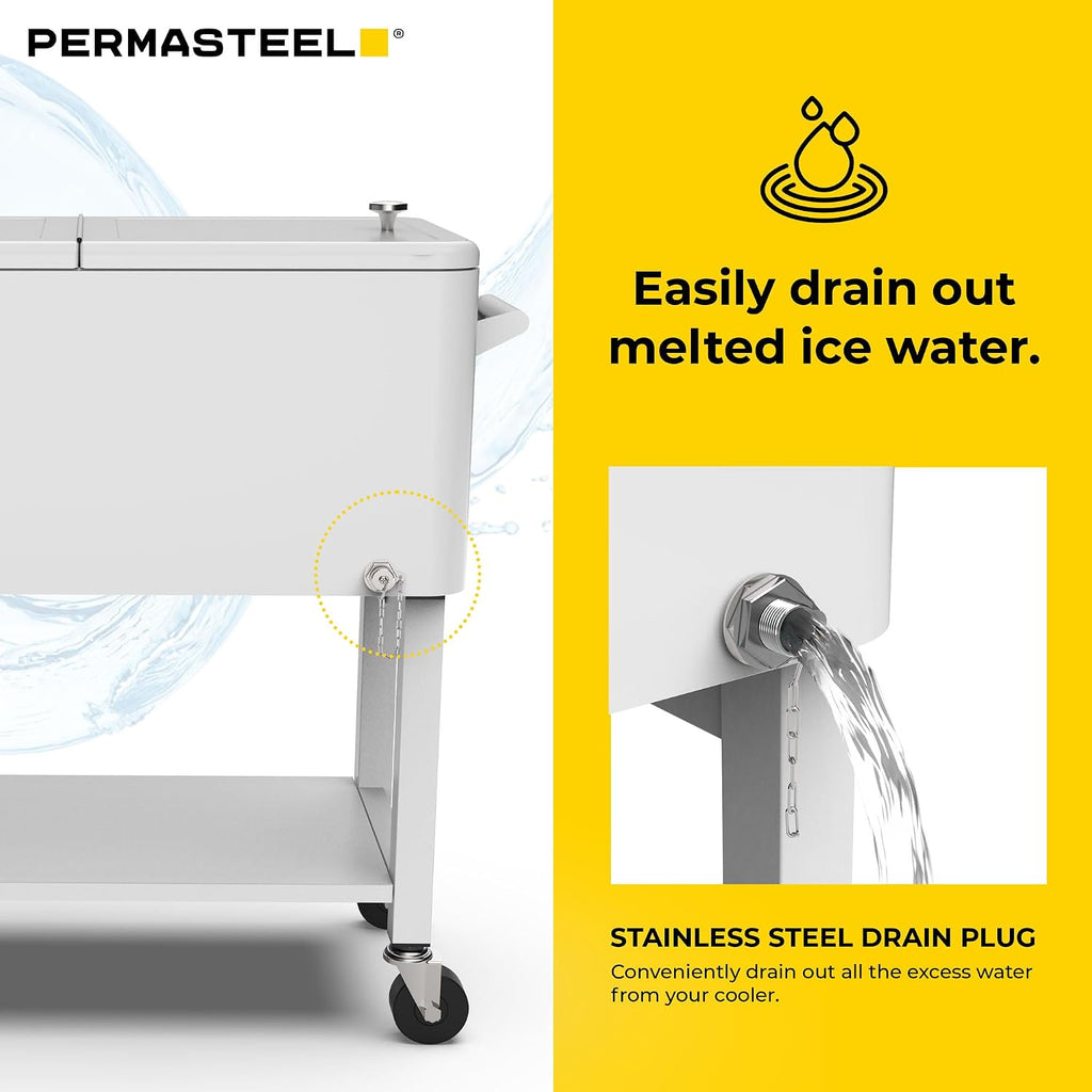 Permasteel Party Cooler with Divider, Removable Basin, Spacious 80-Qt Capacity, Chills 36hrs, Serving Tray, Rolling Ice Chest for Indoor & Outdoor