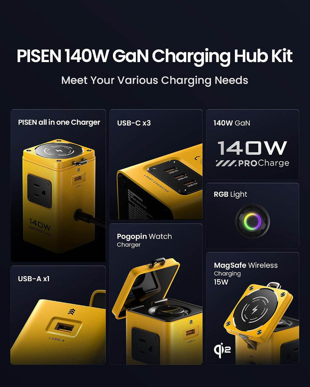 PISEN 8-in-1 Mag-Safe Charger Stand - 140W Charging Station for Multiple Devices Mag-Safe Stand Magnetic Qi2 Wireless Charger for iPhone 17/16/15/14/13/12, Magnetic Charger for Apple Watch (Yellow)