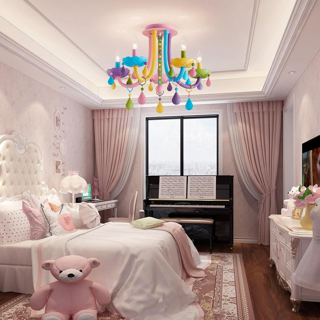 5-Light Children Candle Chandeliers, Modern Candy Design Flush Mount Close to Ceiling Light for Bedroom, Dining Room, Kitchen, Bathroom, D22 × H16 inch, Macaron Colorful Finish & K9 Crystal