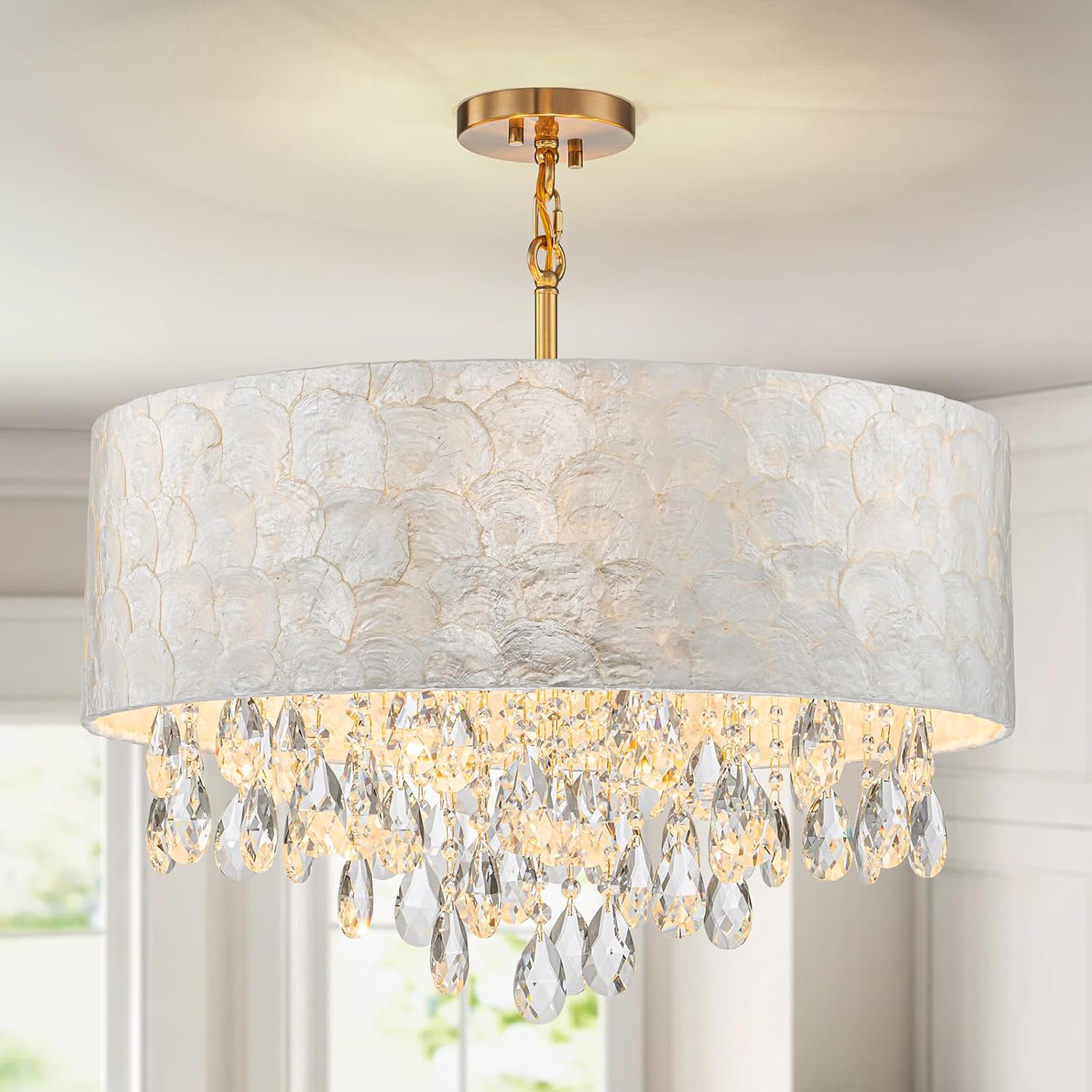 LumFurn X-Large D24in Drum Capiz Shell Crystal Chandeliers, 6-Light Coastal Style Light Fixture for Dining Room, Living Room, D24xH23~71in(Adjustable), K9 Crystal, Shell Lampshade & Gold Finish
