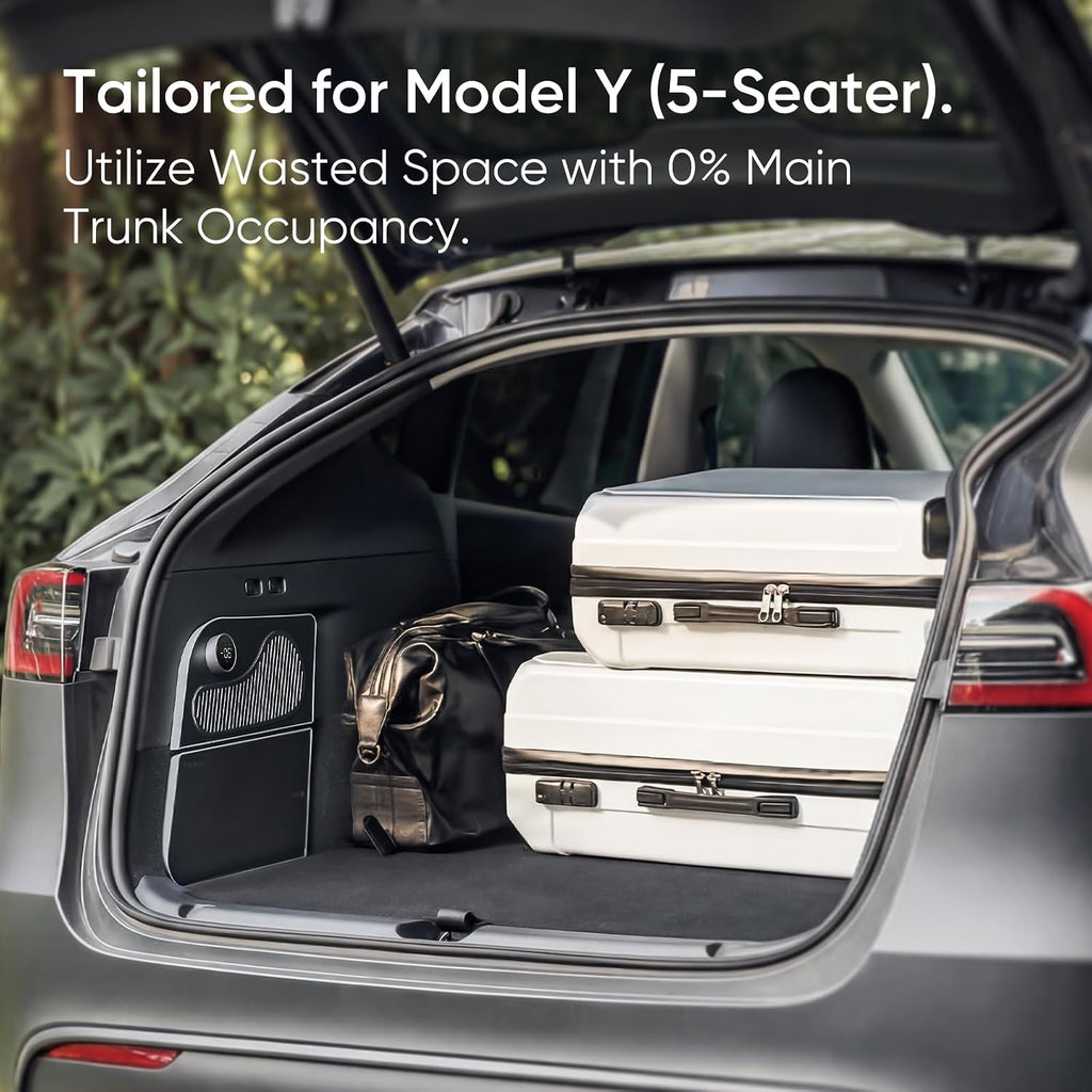 Tesla Model Y Car Refrigerator 2020-2024 (5-Seater Only) | 16.9Qt Fridge Hidden Trunk-Side Install,21.2°F Cooling with Knob & APP Control, 3-Mode Adjustable Chill,Ultra-Low Power for Camping & Travel