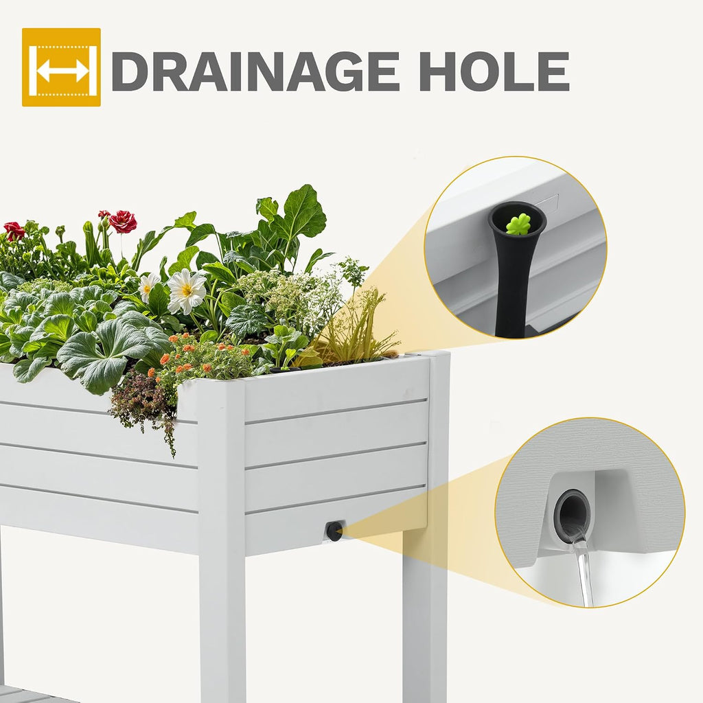DWVO Raised Garden Bed Kit, 3.6 x 1.5 x 2.8 FT Outdoor Plastic Planter Box with Wheels and Legs, Garden Box with Drain Plug & Storage Shelf for Planting Vegetables, Flowers, and Herbs, Grayish-White