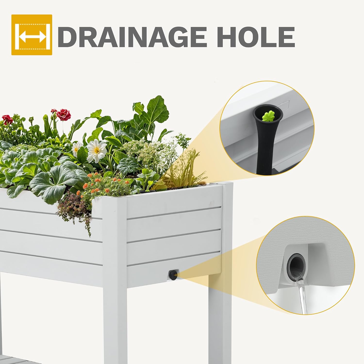 DWVO Raised Garden Bed Kit, 3.6 x 1.5 x 2.8 FT Outdoor Plastic Planter Box with Wheels and Legs, Garden Box with Drain Plug & Storage Shelf for Planting Vegetables, Flowers, and Herbs, Grayish-White