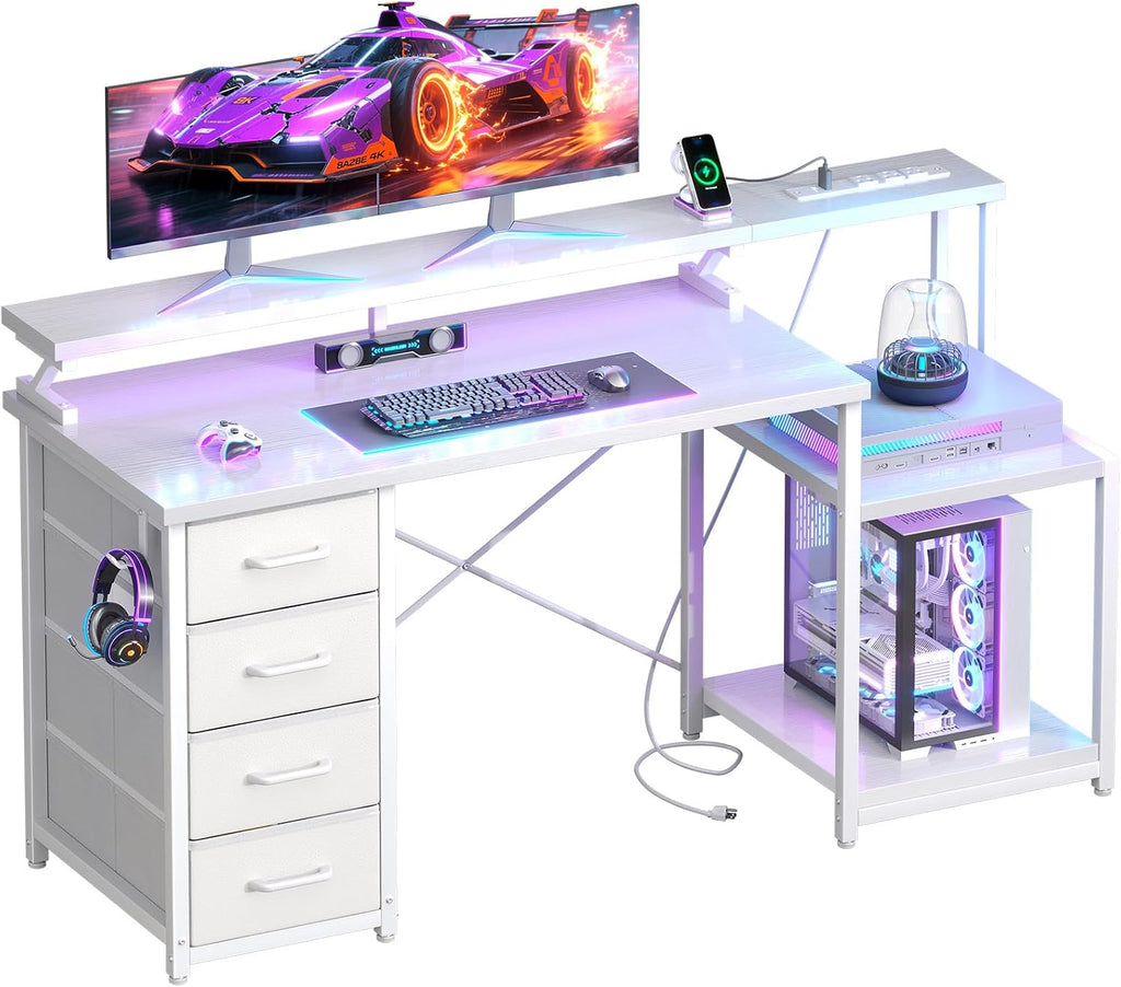 ODK 55 Inch Gaming Computer Desk with Power Outlets and 4 Drawers, Large Home Office Desk with Monitor Stand, Printer Shelf and Storage Shelves for Gaming or Bedroom Setup, White