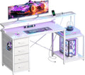 ODK 55 Inch Gaming Computer Desk with Power Outlets and 4 Drawers, Large Home Office Desk with Monitor Stand, Printer Shelf and Storage Shelves for Gaming or Bedroom Setup, White