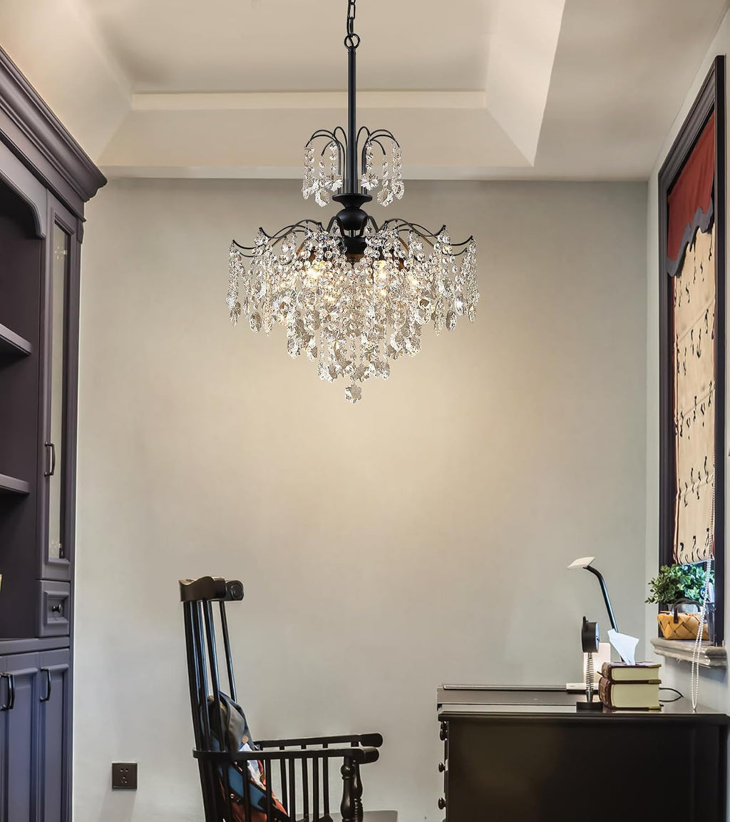 Q&S Crystal Chandelier for Dining Room,Modern Black Crystal Pendant Light,6 Lights for Kitchen Island Entryway Bathroom Office Bar UL Listed