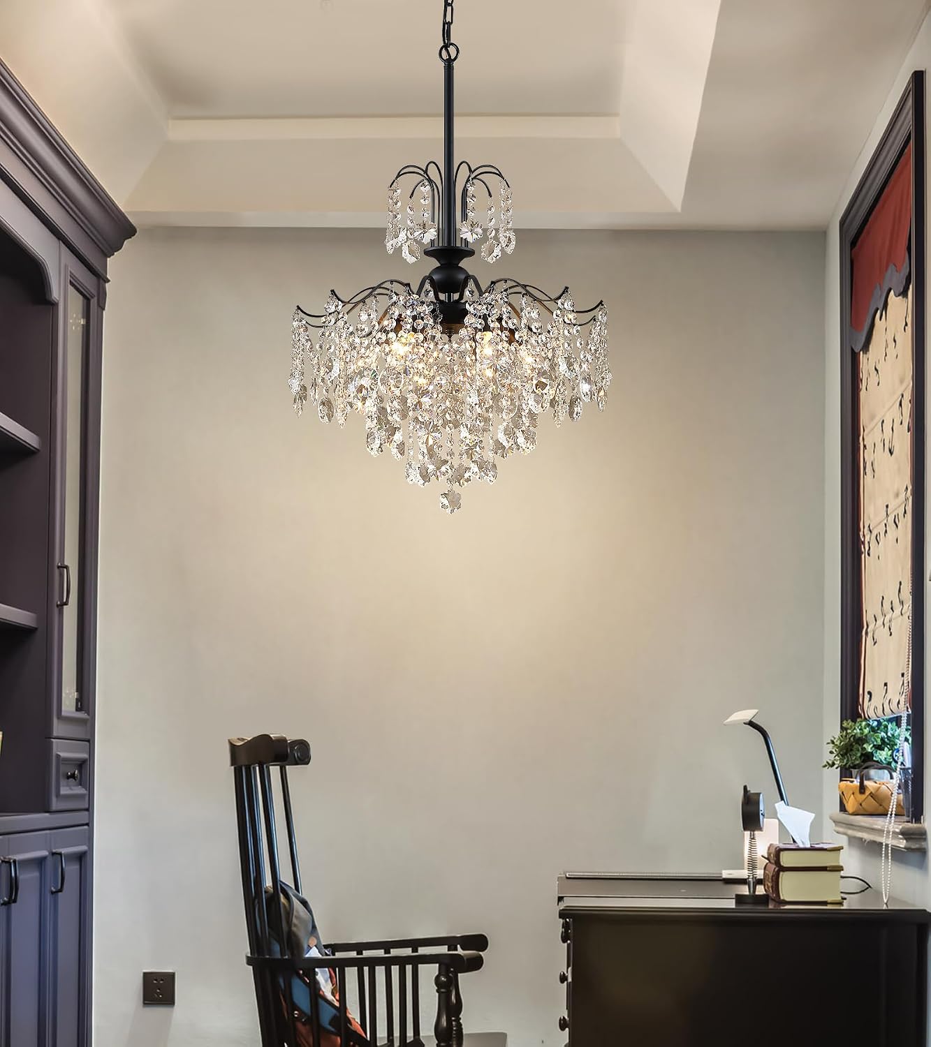 Q&S Crystal Chandelier for Dining Room,Modern Black Crystal Pendant Light,6 Lights for Kitchen Island Entryway Bathroom Office Bar UL Listed