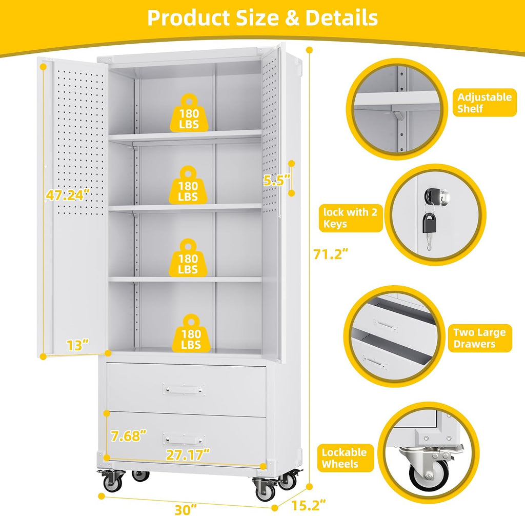 Reemoon Garage Storage Cabinet with 2 Drawers and Pegboard, Metal Storage Cabinet with 2 Lockable Doors for Garage Home Warehouse,Required Assembly,White,71.2' H*15.2' D*30' W