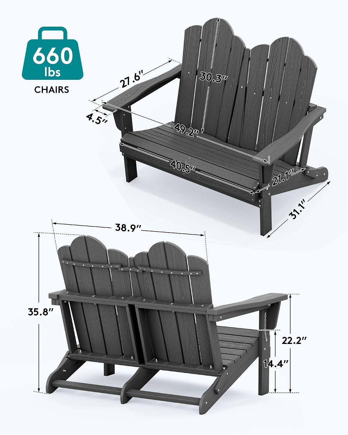 SERWALL Folding Adirondack Bench, HDPE All-Weather Adirondack Loveseat Set of 2, Grey