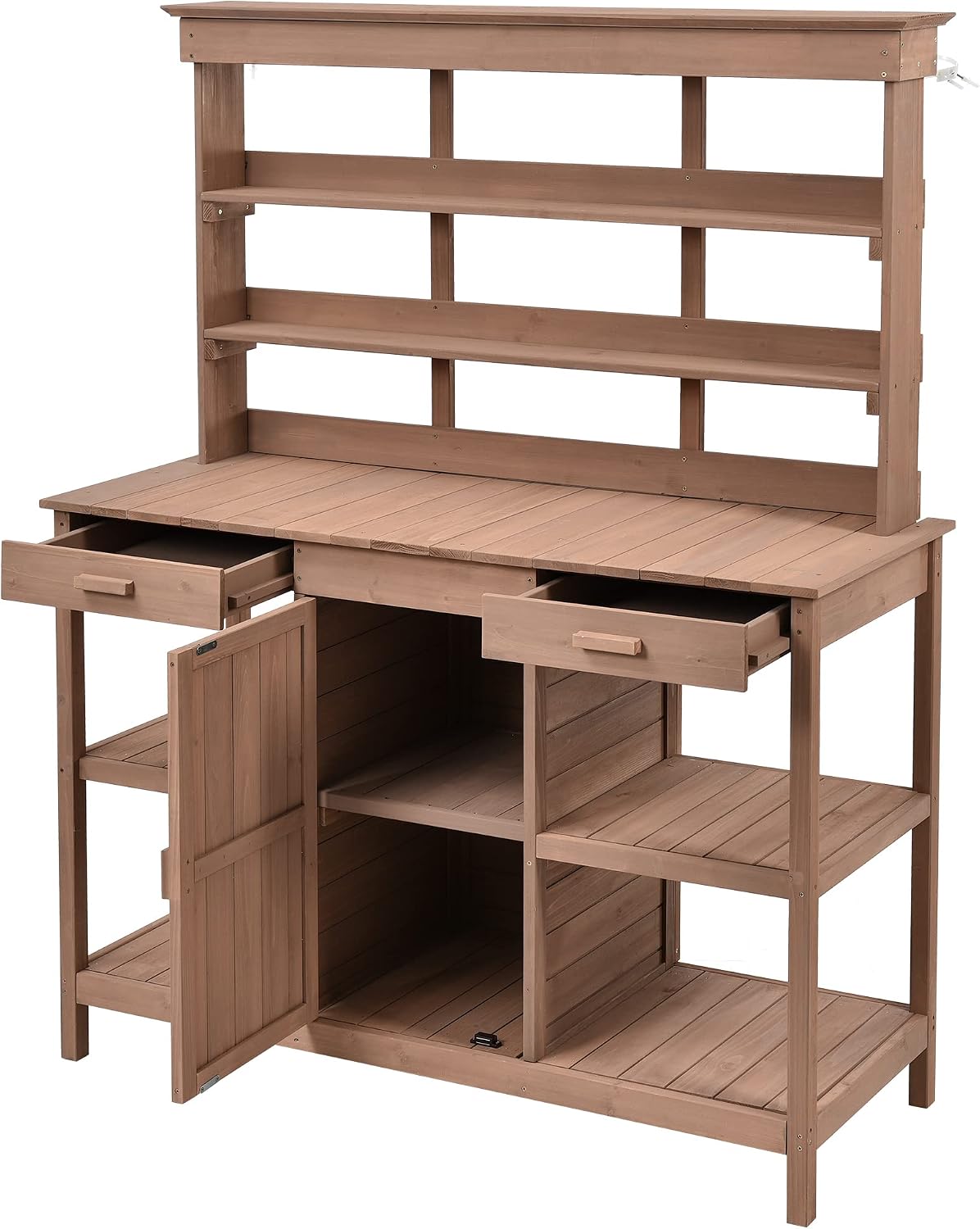JIVOIT Outdoor Garden Potting Bench Table, 66' Large Farmhouse Wooden Garden Potting Table with 2 Drawers, Cabinet and 4-Tier Open Shelves, Garden Workstation Backyard Mudroom (Brown Frame+Brown top)