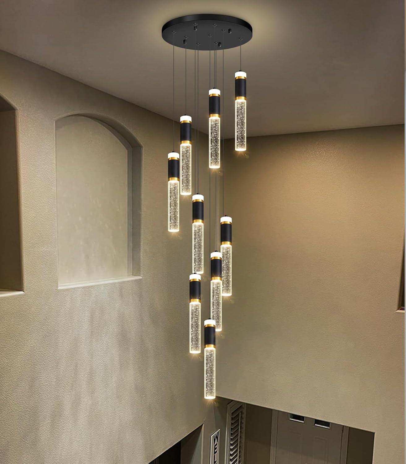 9-Lights Modern Crystal Spiral Chandelier for Staircase High Ceiling Chandeliers Bubble Pendant Lighting Hanging Light Fixture Flush Mount for Foyer Entryway