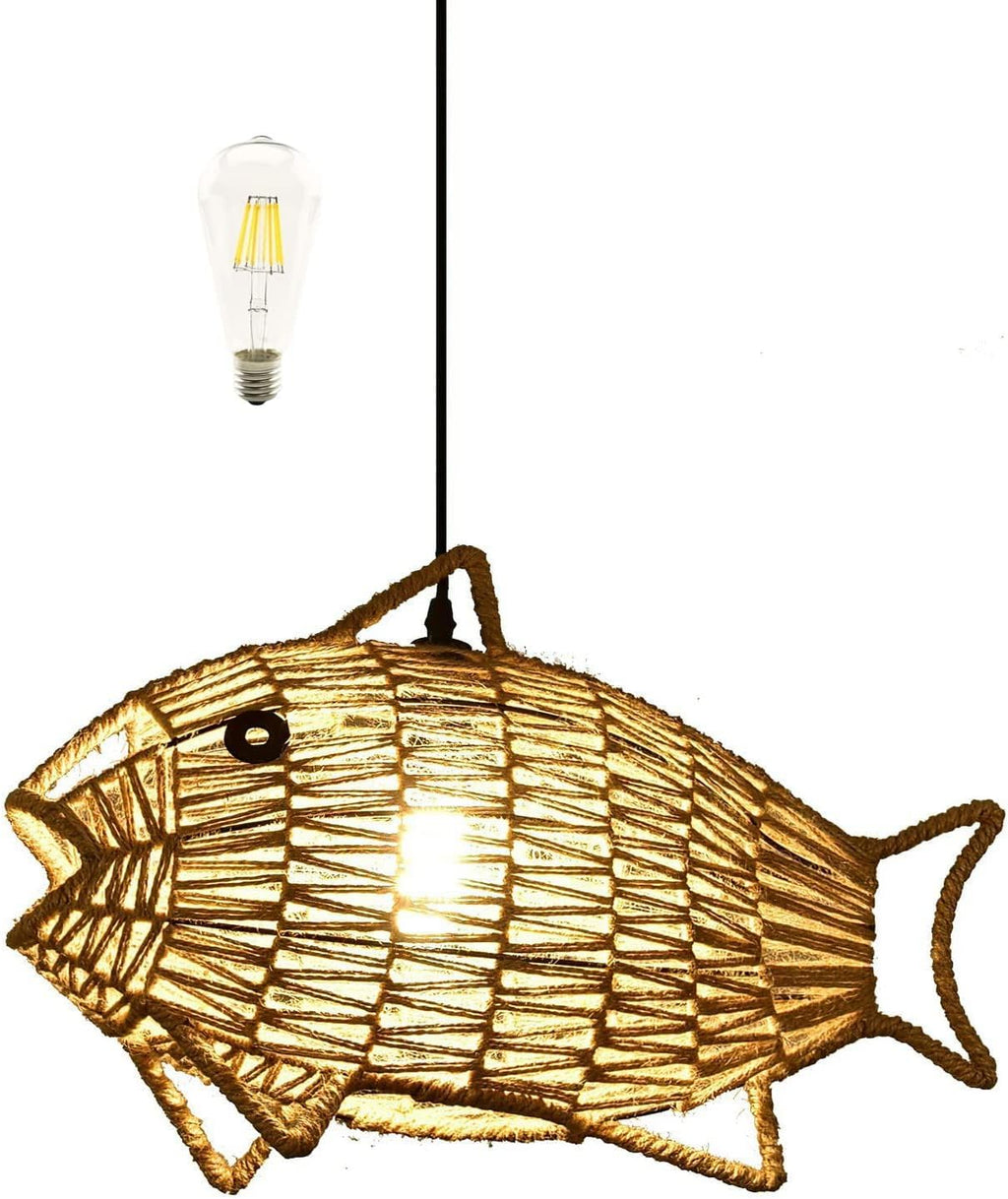Woven Pendant Light Boho Chandelier Fish-Shaped Rustic Farmhouse Chandelier Hemp Rope Light Rattan Light Fixture for Dining Room Living Room Bedroom Kitchen Foyer(Bulb Included)