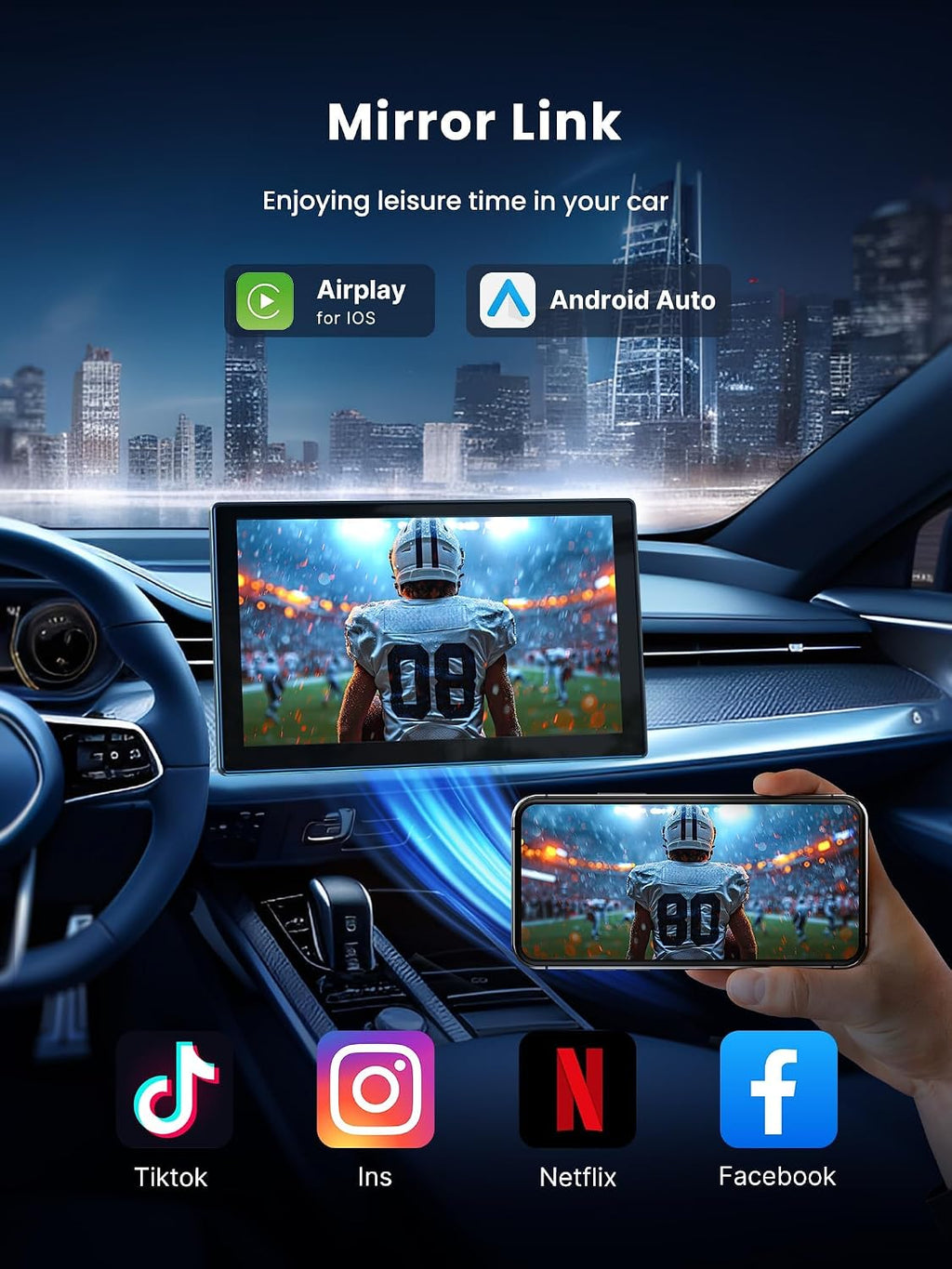 Portable CarPlay Screen for Car, 9'' Wireless Apple CarPlay & Android Auto Screen for Car, 4K Dash Cam, 1080P Backup Camera, GPS Navigation/Bluetooth/FM/Siri Voice Control for All Vehicles