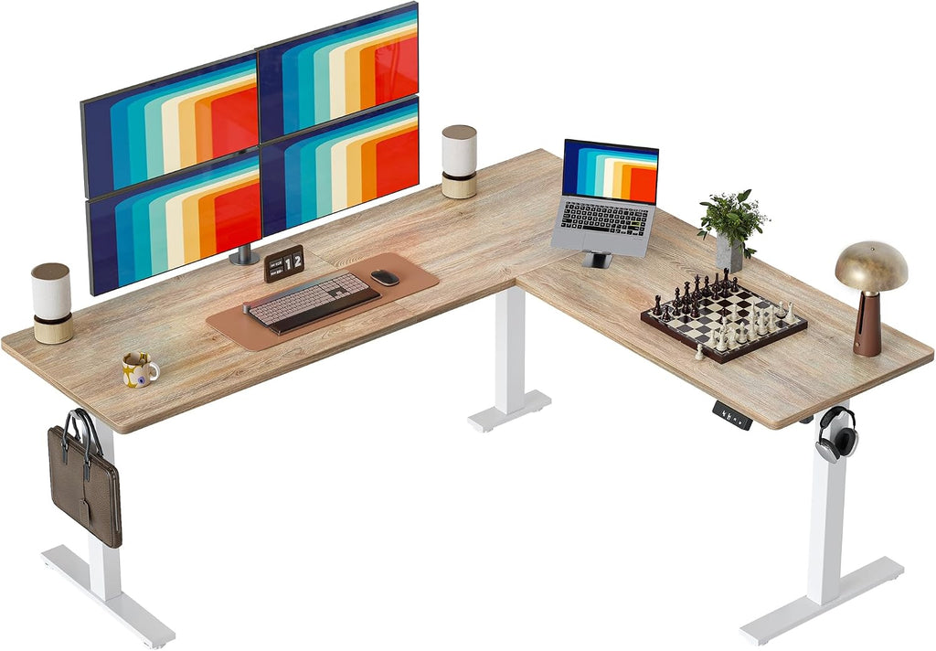 TIQLAB 75 x 61 inch Executive L Shaped Standing Desk Adjustable Height, Electric Corner Standing Desk, Sit Stand Computer Table with Splice Board, Maple