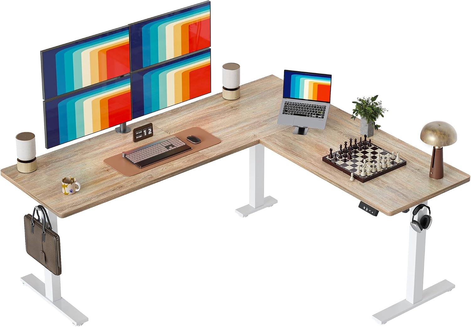 TIQLAB 75 x 61 inch Executive L Shaped Standing Desk Adjustable Height, Electric Corner Standing Desk, Sit Stand Computer Table with Splice Board, Maple