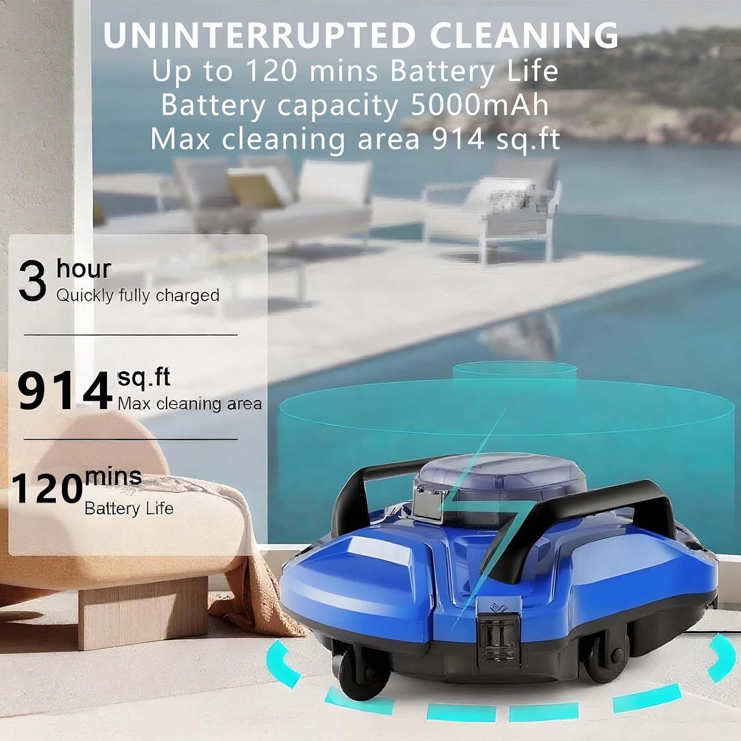 Cordless Pool Vacuum Robot for Inground Pools,120 Min Runtime, Auto-Parking, Lightweight Robotic Pool Vacuum Cleaner,914 Sq Ft Coverage