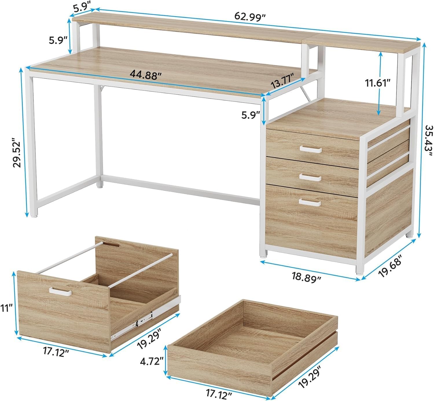 Writing Desk Computer Desk with Drawers and Monitor Riser Office Desk with File Cabinet Elevated Monitor Stand Two-Tier 63in Spacious Workstation Natural White