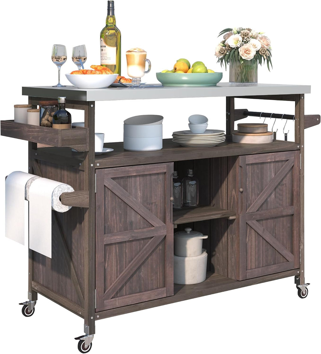 50.25'' Outdoor Kitchen Island, Rolling Bar Cart & Storage Cabinet, Farmhouse Solid Wood Outdoor Grill Table with Stainless Steel Top, Spice Rack, Towel Rack for Kitchen & BBQ,Dark Brown
