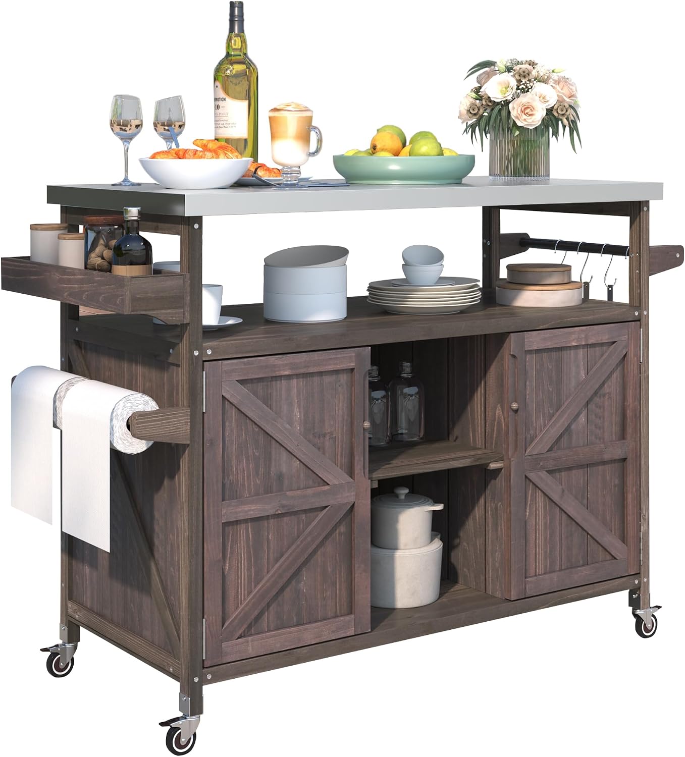 50.25'' Outdoor Kitchen Island, Rolling Bar Cart & Storage Cabinet, Farmhouse Solid Wood Outdoor Grill Table with Stainless Steel Top, Spice Rack, Towel Rack for Kitchen & BBQ,Dark Brown