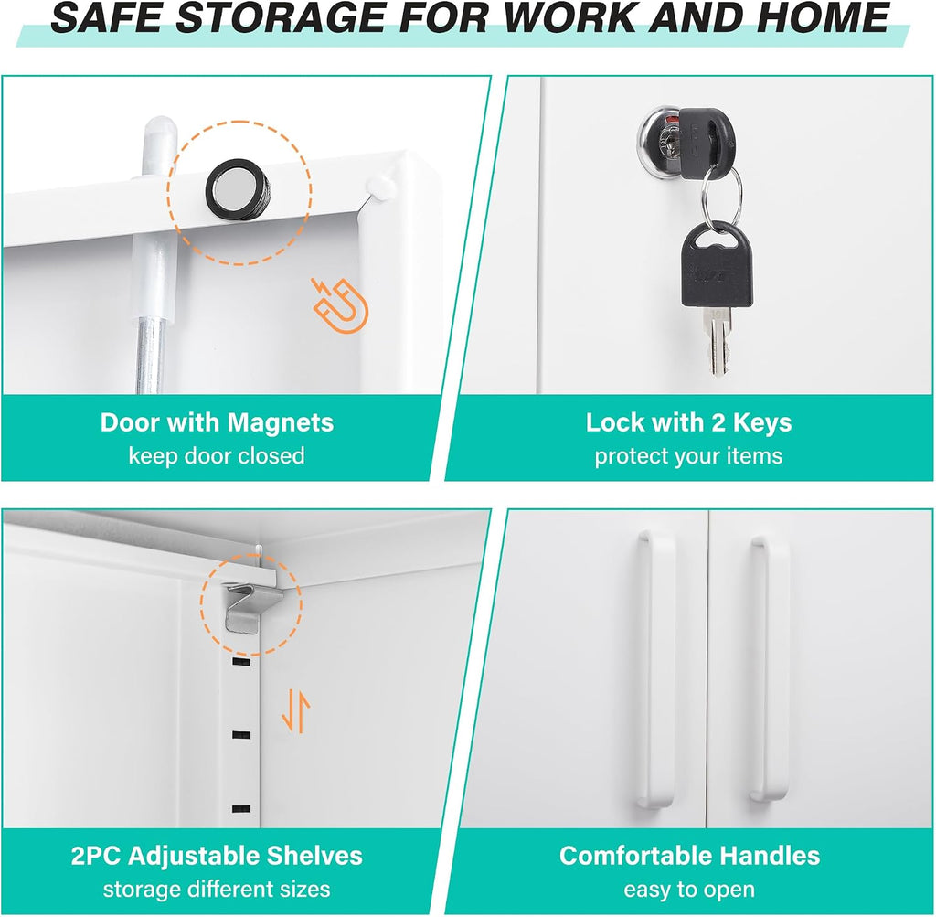 SISESOL White Metal Storage Cabinet with Doors and Shelves,36 inch Small Metal Cabinet with Lock,Short Garage Storage Cabinets,Locking Steel Cupboard for Home,Office,Kitchen,Garages