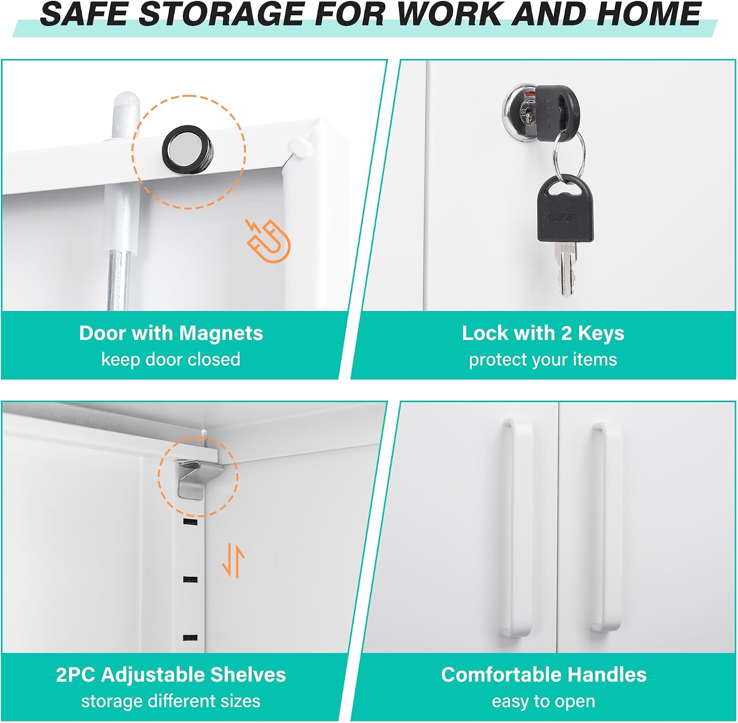 SISESOL White Metal Storage Cabinet with Doors and Shelves,36 inch Small Metal Cabinet with Lock,Short Garage Storage Cabinets,Locking Steel Cupboard for Home,Office,Kitchen,Garages