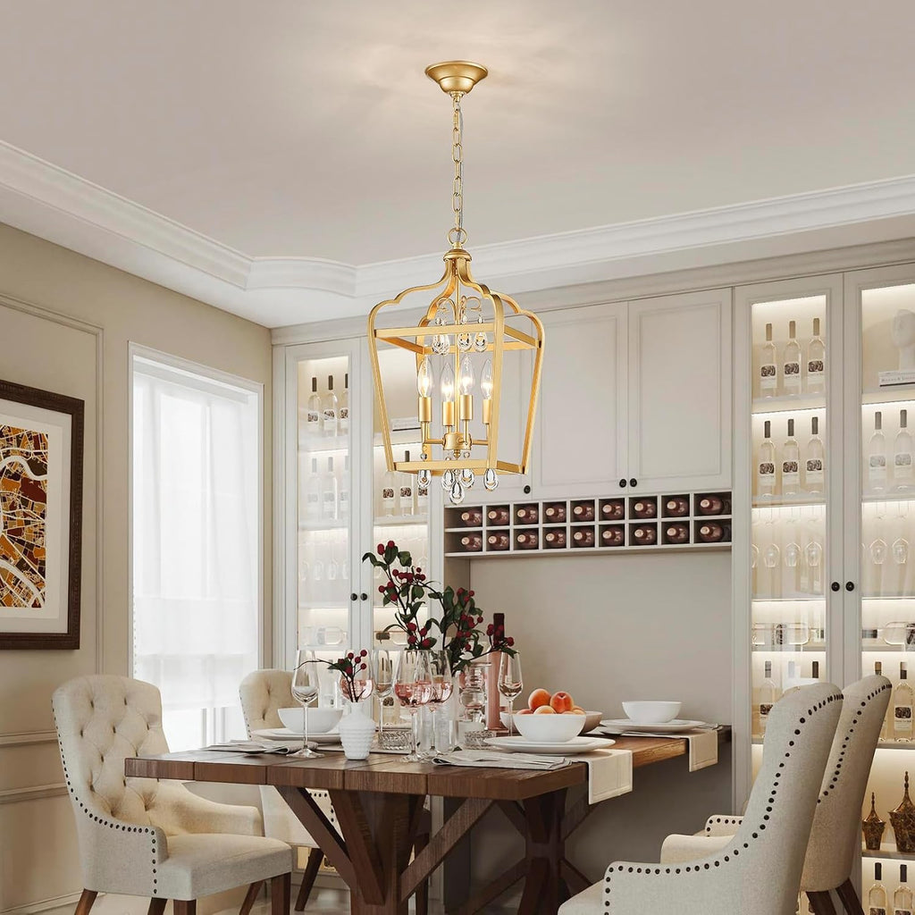 Gold Crystal Chandelier, 4-Light Modern Chandeliers for Dining Room Light Fixture Over Table Adjustable Height Hanging Farmhouse Pendant Light for Hallway Entryway Living Room Kitchen Island Bedroom