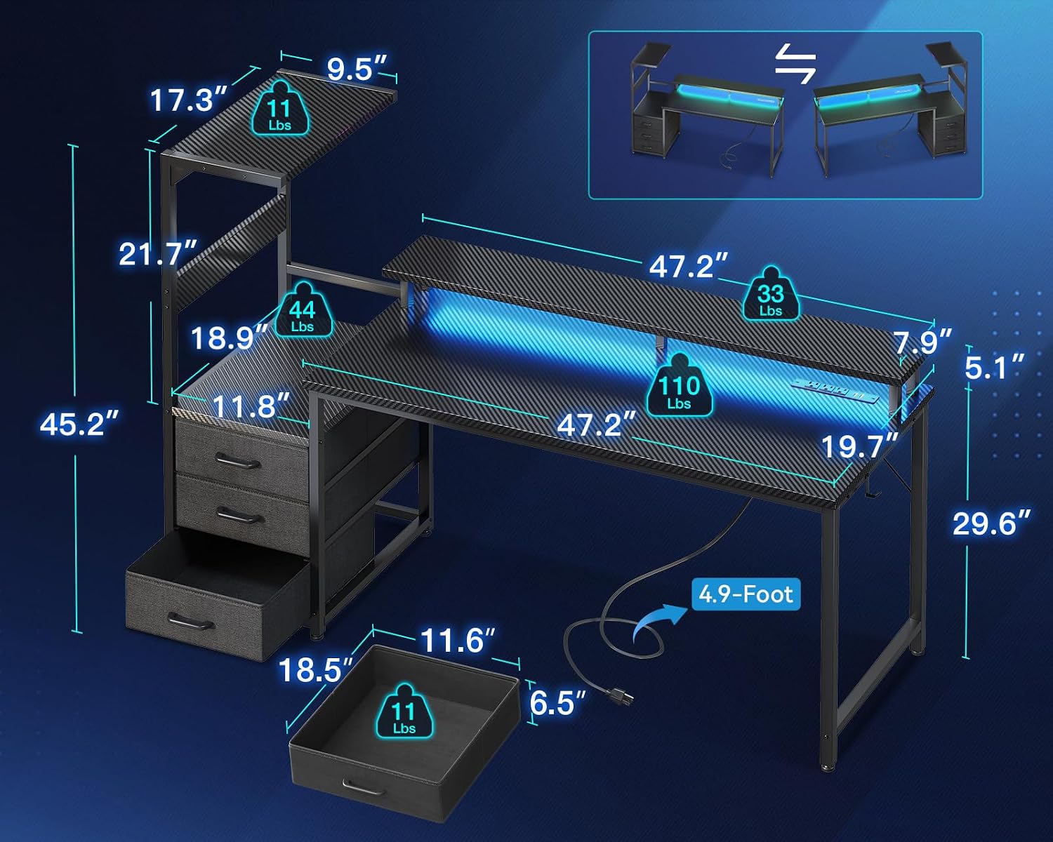 Casaottima 59 Inch Gaming Desk with USB Charging Ports & LED Light - Reversible Computer Desk with 3 Fabric Drawers, Monitor Stand, CPU Stand, Modern Office Desk, Black