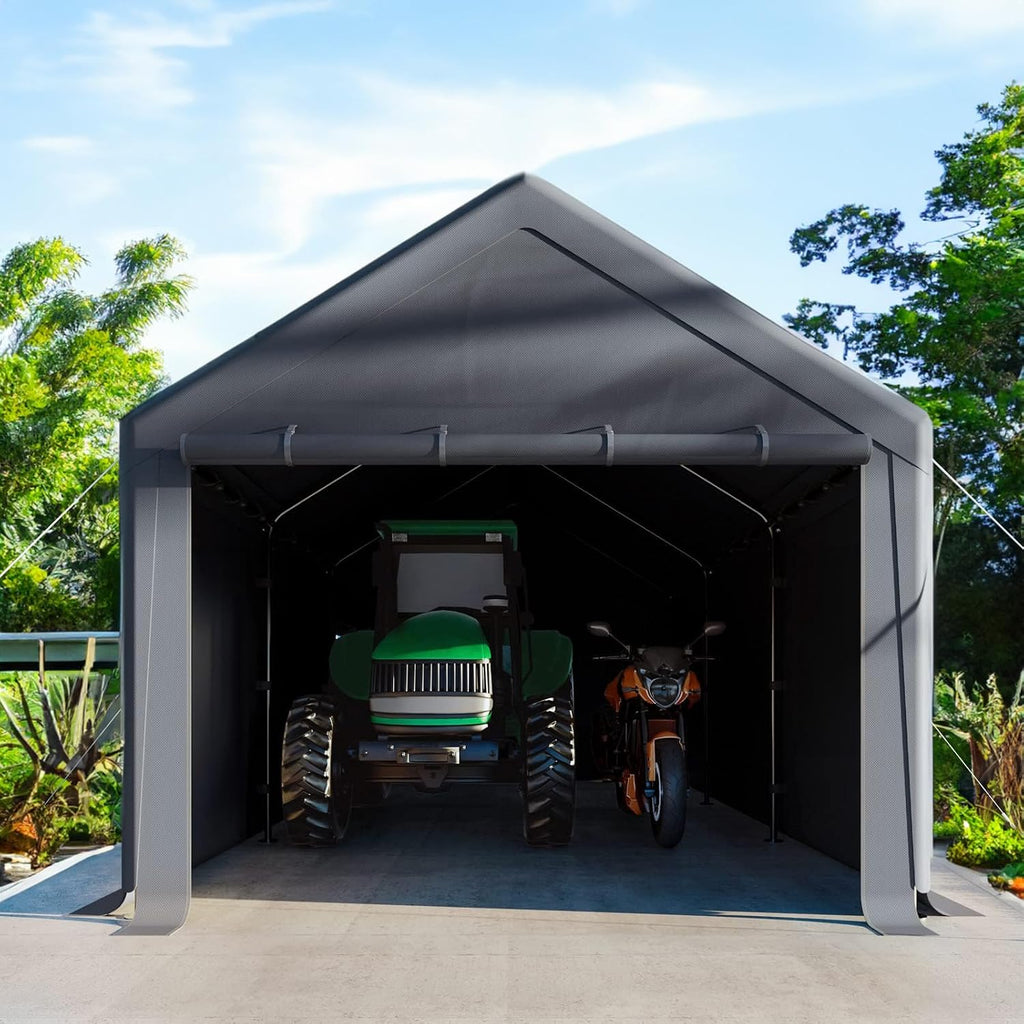 10x20 FT Heavy Duty Carport Car Tent Car Canopy Storage Shed, Portable Garage with Removable Sidewalls & Doors All-Season Tarp for Car,Truck,SUV,Party Grey