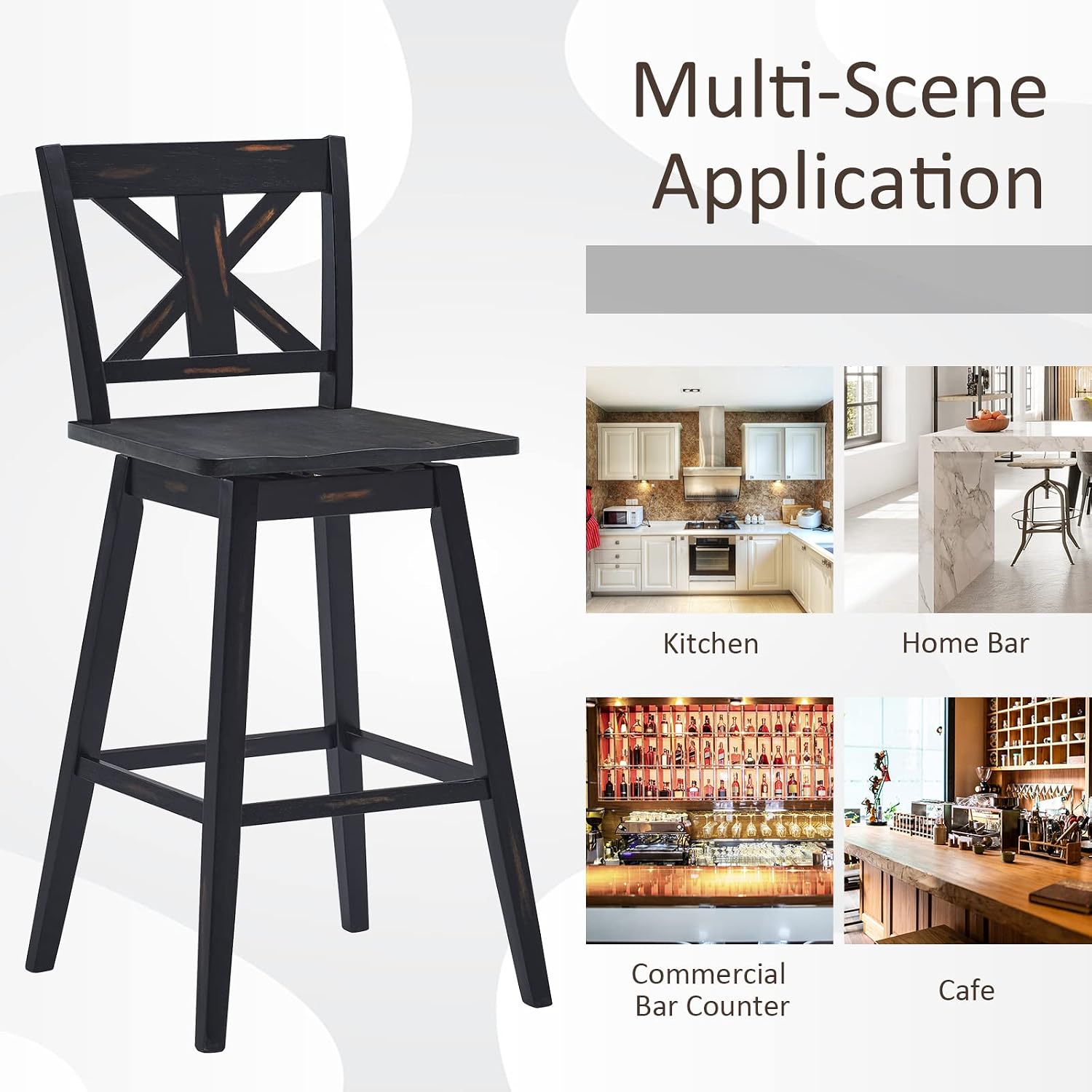 COSTWAY Bar Stools Set of 4, 360 Degree Swivel, 29-inch Height Chairs w/Non-Slip Foot Pads, Rubber Wood Bar Chairs, Vintage Bar Stools for Home, Restaurant (Black)