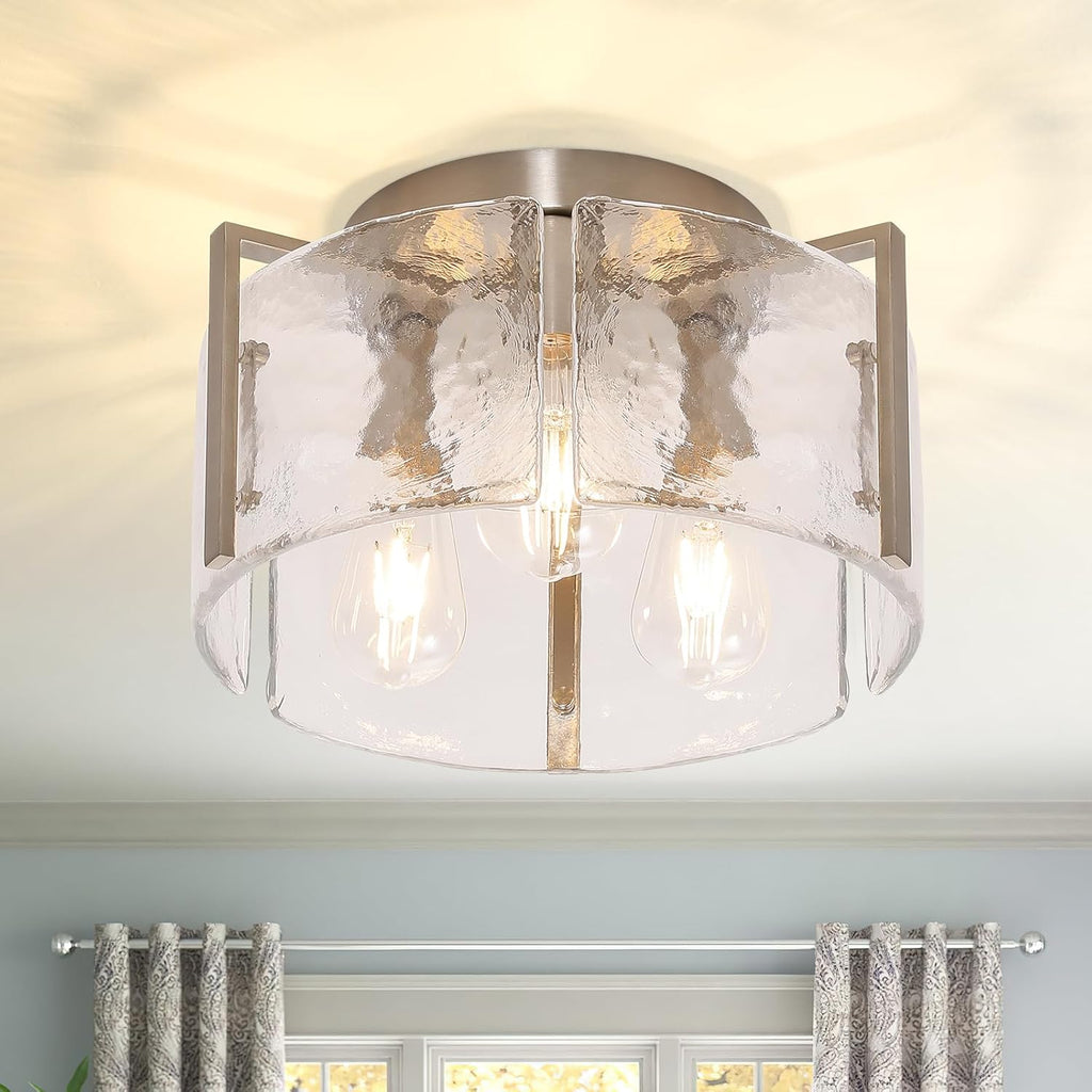 Modern 3-Light Semi Flush Mount Ceiling Light, Brushed Nickel Finish with Water Ripple Glass Shade, Farmhouse Close to Ceiling Light Fixture for Hallway, Bedroom, Kitchen, Living Room, Entryway