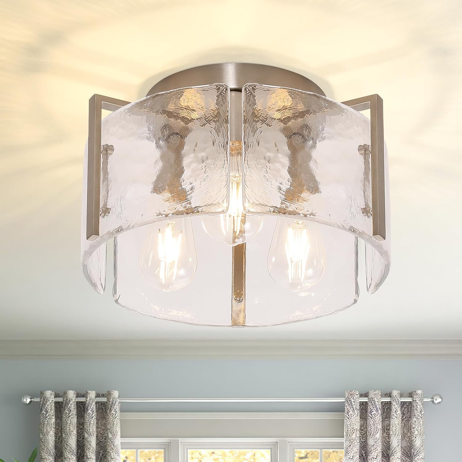 Modern 3-Light Semi Flush Mount Ceiling Light, Brushed Nickel Finish with Water Ripple Glass Shade, Farmhouse Close to Ceiling Light Fixture for Hallway, Bedroom, Kitchen, Living Room, Entryway