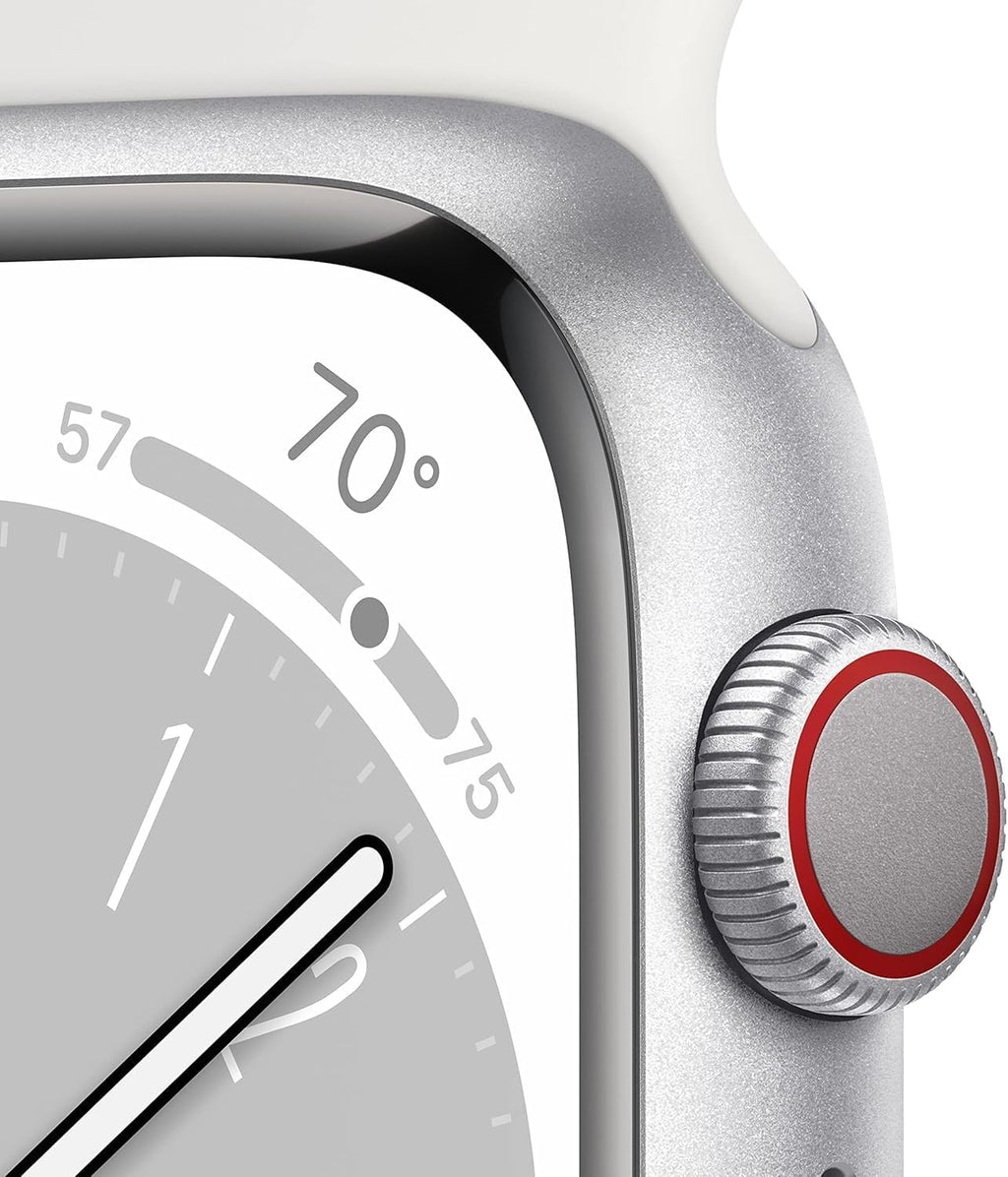 Apple Watch Series 8 (GPS + Cellular, 45MM) Silver Stainless Steel Case with White Sport Band (Renewed)