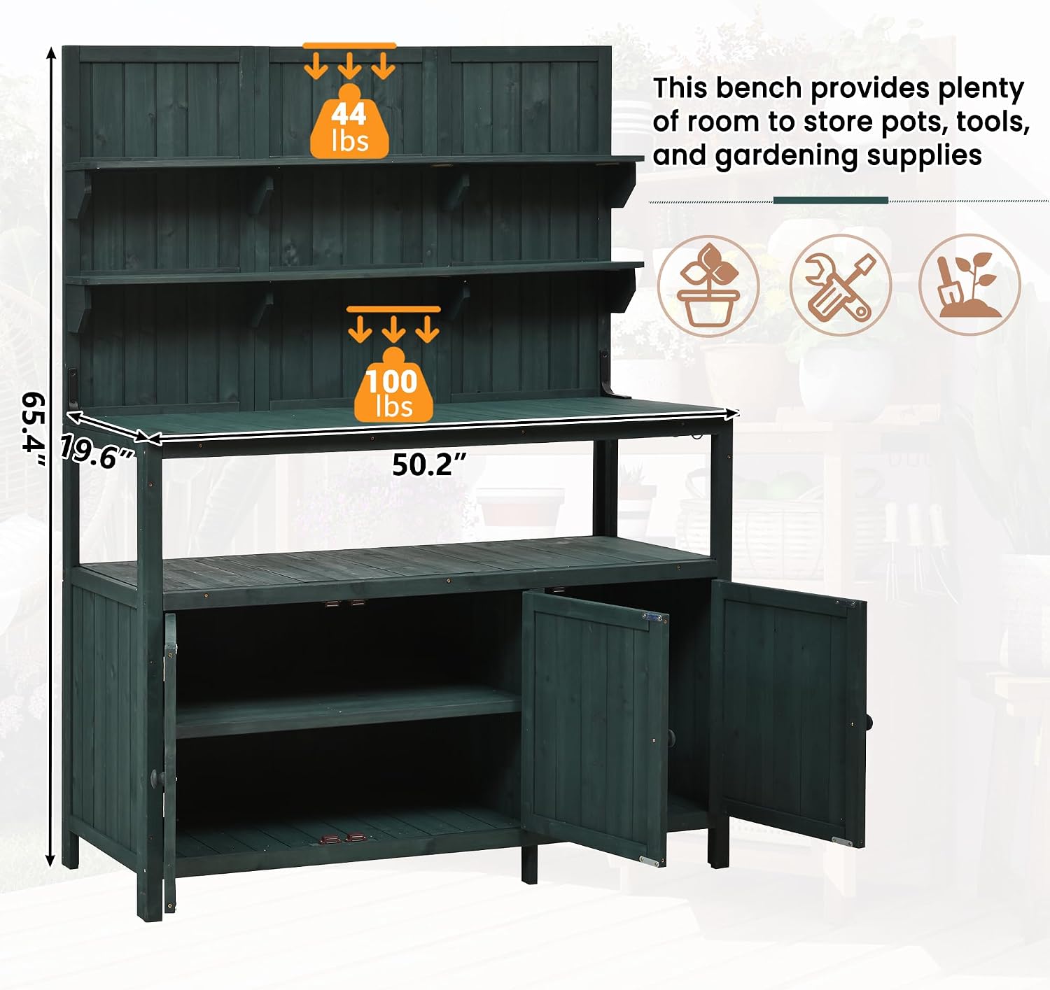 JIVOIT Outdoor Garden Potting Bench Table, 50.2' Solid Fir Wood Garden Workstation Work Bench, Outdoor Planting Table with Hutch, Large Countertop, 2 Shelves, 2 Cabinets, 3 Side Hooks