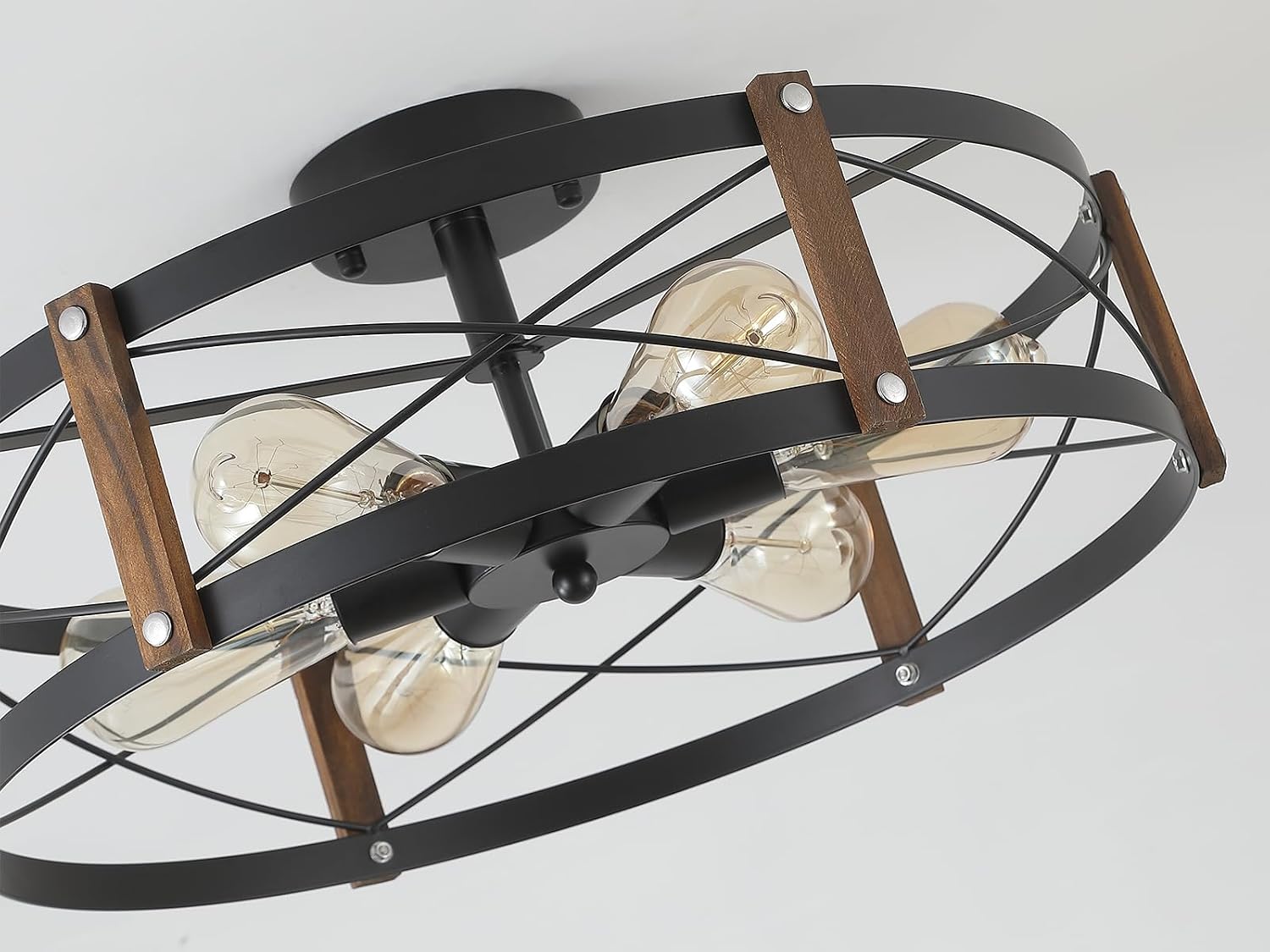 6-Light Large Rustic Farmhouse Wood Flush Mount Ceiling Light Fixture 20 inch Oak Wood and Metal Round Semi Flush Mount Ceiling Light for Hallway Entry Dining Farmhouse Bedroom Living Room, Black