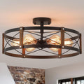 6-Light Large Rustic Farmhouse Wood Flush Mount Ceiling Light Fixture 20 inch Oak Wood and Metal Round Semi Flush Mount Ceiling Light for Hallway Entry Dining Farmhouse Bedroom Living Room, Black
