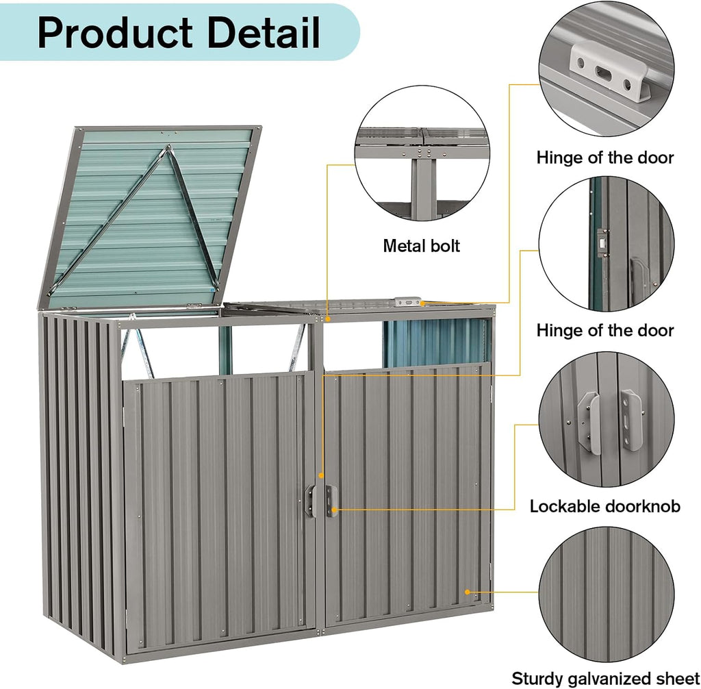 Outdoor Trash Can Storage Shed, Metal Trash Can Enclosure for 2 Trash Cans, Garbage Can Holders for Outside, Garbage Bin Storage Shed for Garden Yard Lawn (5.3 FT, Light Gray)