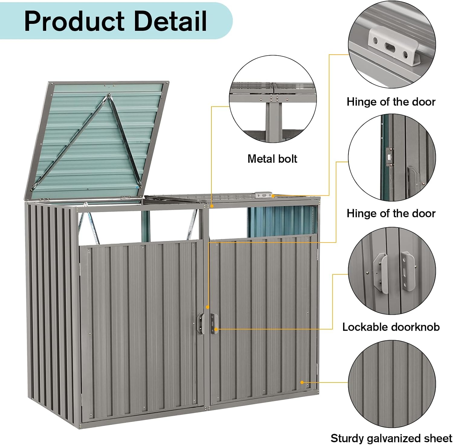 Outdoor Trash Can Storage Shed, Metal Trash Can Enclosure for 2 Trash Cans, Garbage Can Holders for Outside, Garbage Bin Storage Shed for Garden Yard Lawn (5.3 FT, Light Gray)