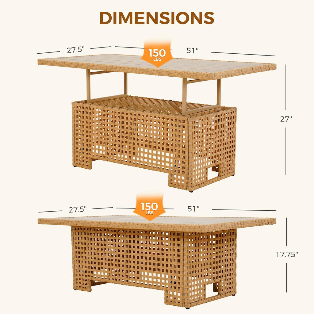 Grand patio Outdoor & Indoor Coffee Dining Table -Wicker Rattan, Adjustable Slat Lift Top, Picnic, Storage Shelf - Beige