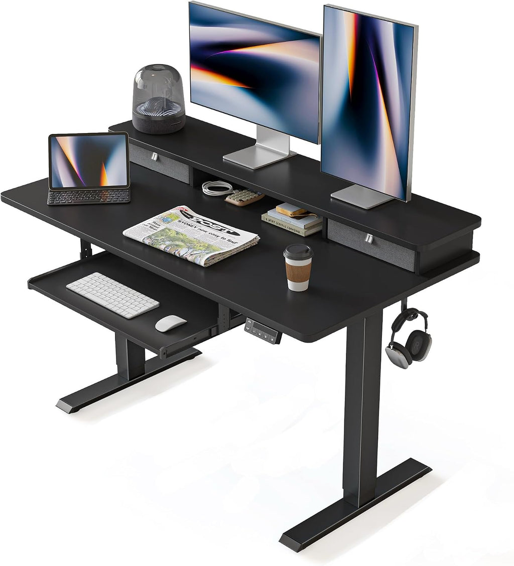 FEZIBO Standing Desk with Drawers and Keyboard Tray, 48'×24' Electric Height Adjustable Table with Monitor Shelf, Computer Home Office Sit and Stand up Workstation, Black