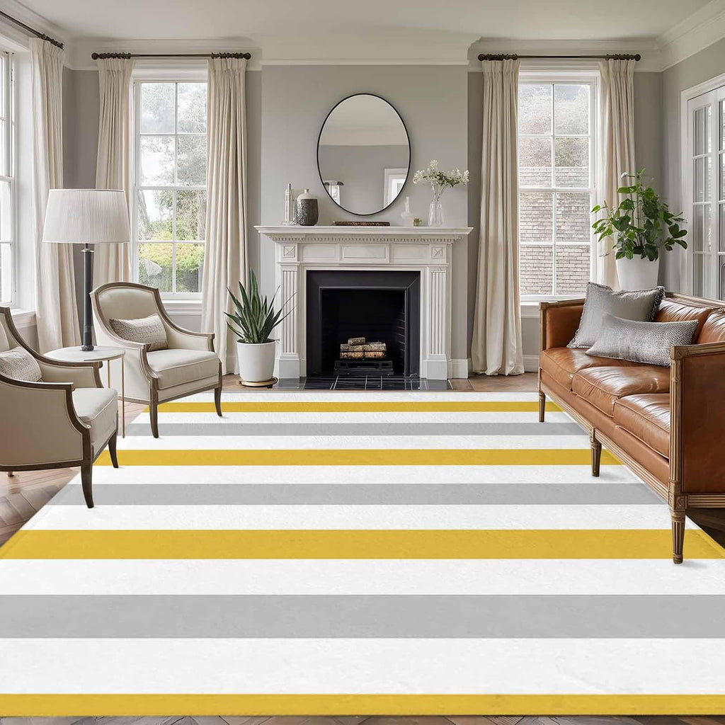6x9 Dining Room Rugs for Under Table, Orange Grey Striped Washable Large Area Rug for Living Room, Geometric Vertical Stripes White Low Pile Carpets Non-Slip Floor Rugs for Bedroom Office