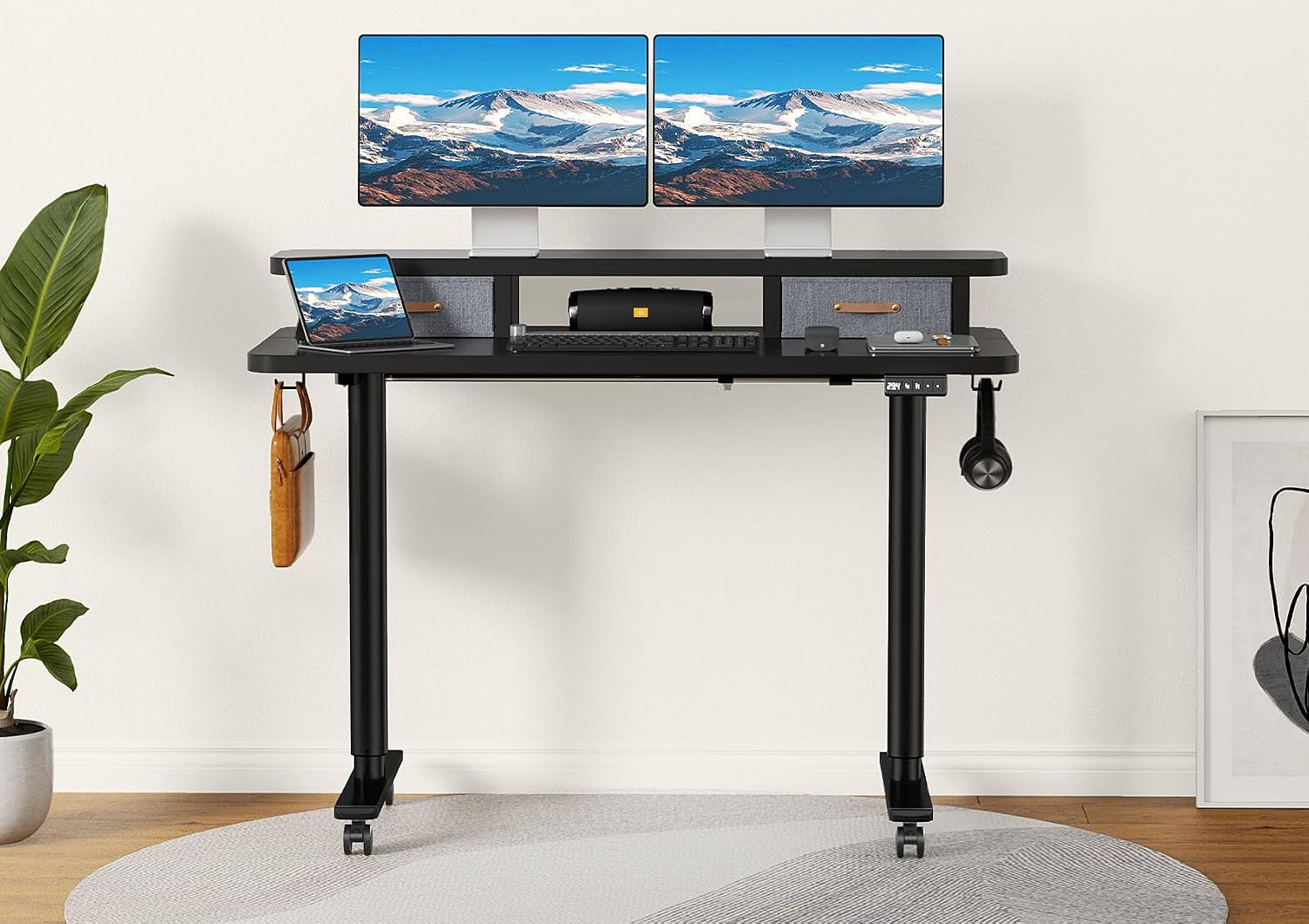 Flycity Electric Standing Desk with Dual Drawers, 48' x 24' Height Adjustable Desk Sit Stand Desk with Memory Controller, Casters & 2 Hooks, Low Noise Home Office Desk, Black