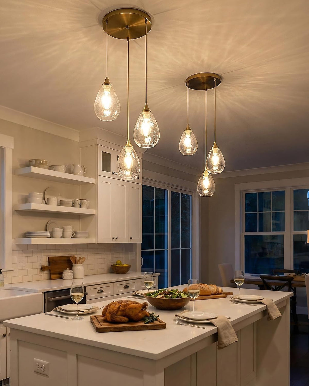 Brushed Gold 3-Light Pendant Lighting, Modern Dining Room Light Fixture Over Table with Hammered Glass, Cluster Hanging Lights for Kitchen Island Dining Room