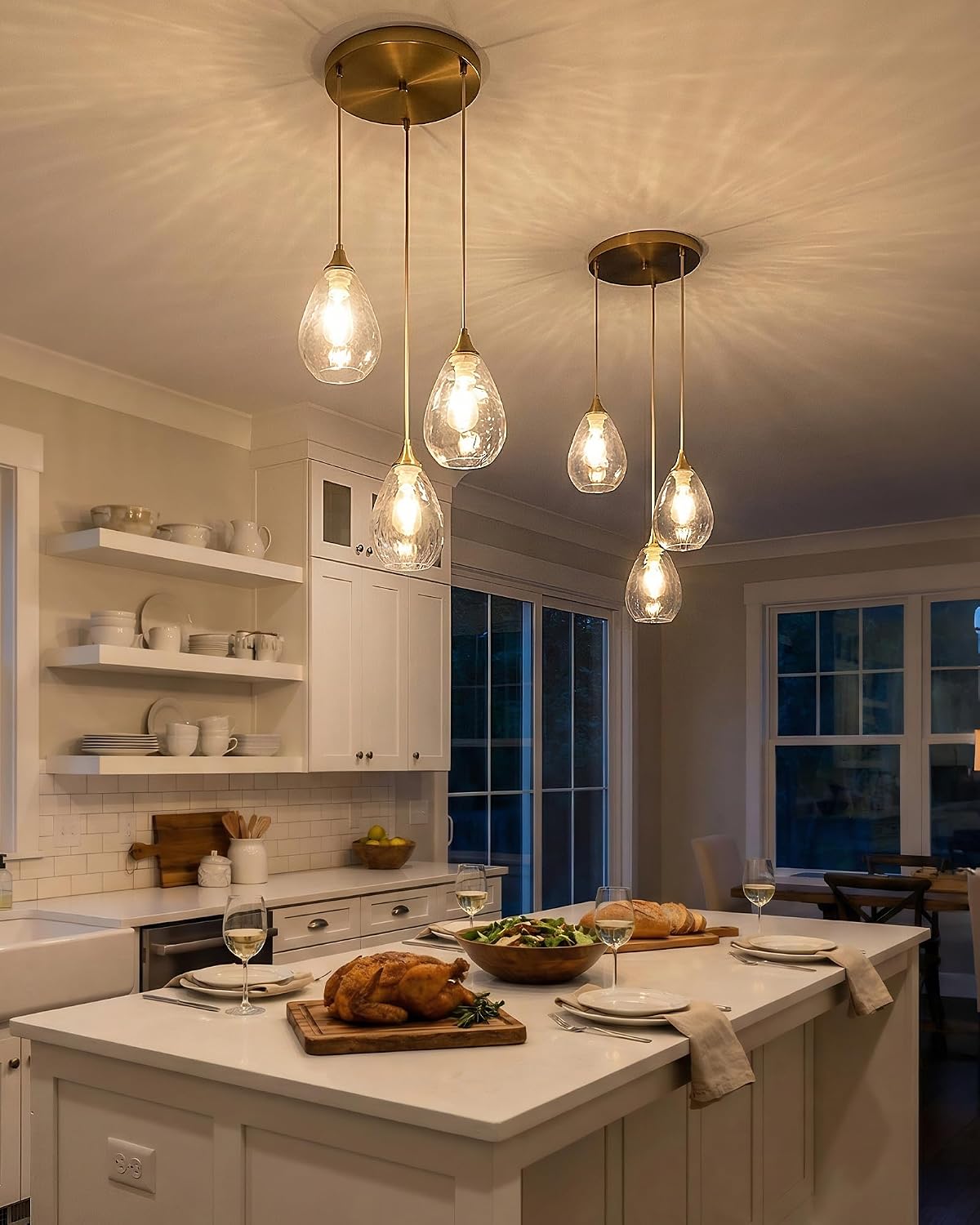 Brushed Gold 3-Light Pendant Lighting, Modern Dining Room Light Fixture Over Table with Hammered Glass, Cluster Hanging Lights for Kitchen Island Dining Room