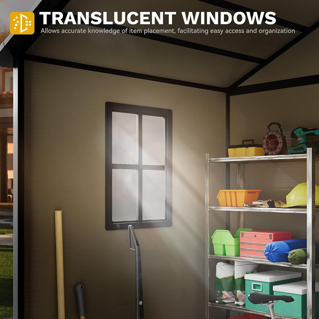 DWVO Outdoor Storage Shed, All-Weather Resin Plastic Storage Shed with Windows, Slanted Roof, Raised Floor, Capacity for Garden Tools & Equipment, Ideal for Backyard & Garden