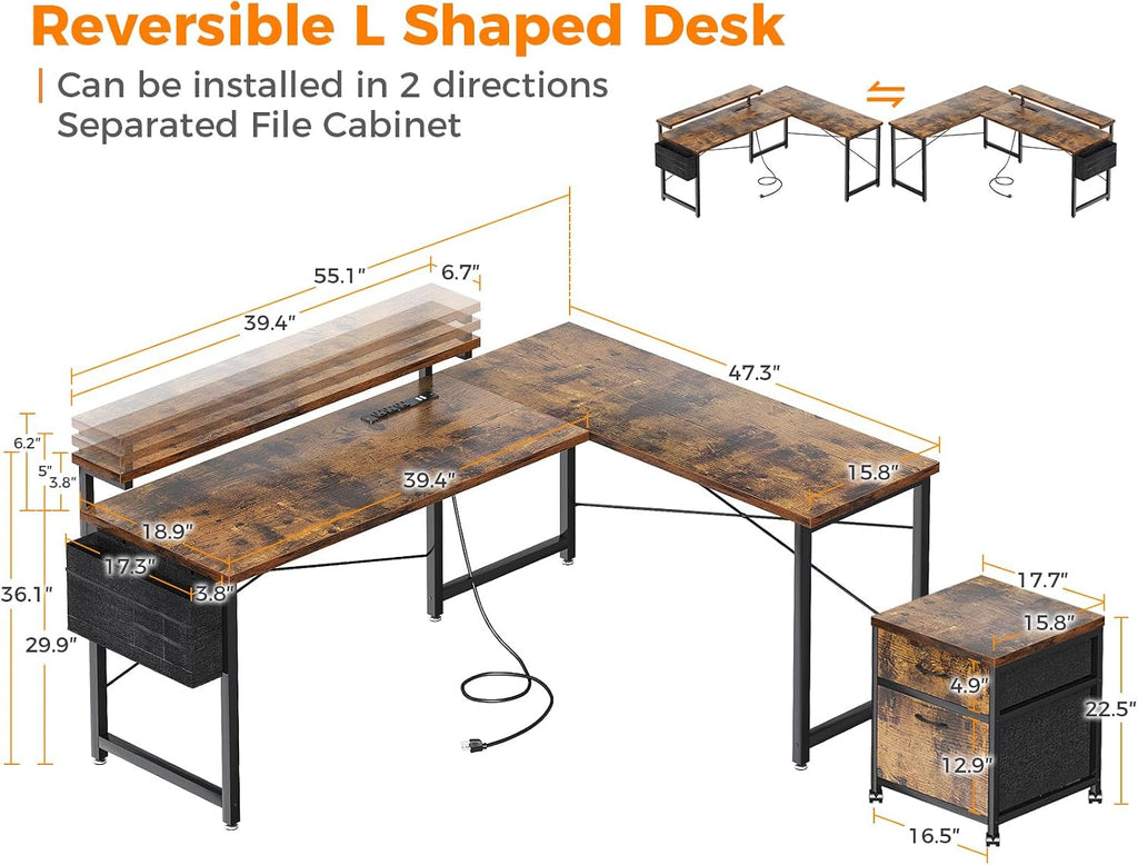 AODK 55' L Shaped Computer Desk, Office Desk with 2 Drawers File Cabinet, Power Outlet and Adjustable Monitor Stand, Reversible Corner Desk with Storage Bag, Vintage