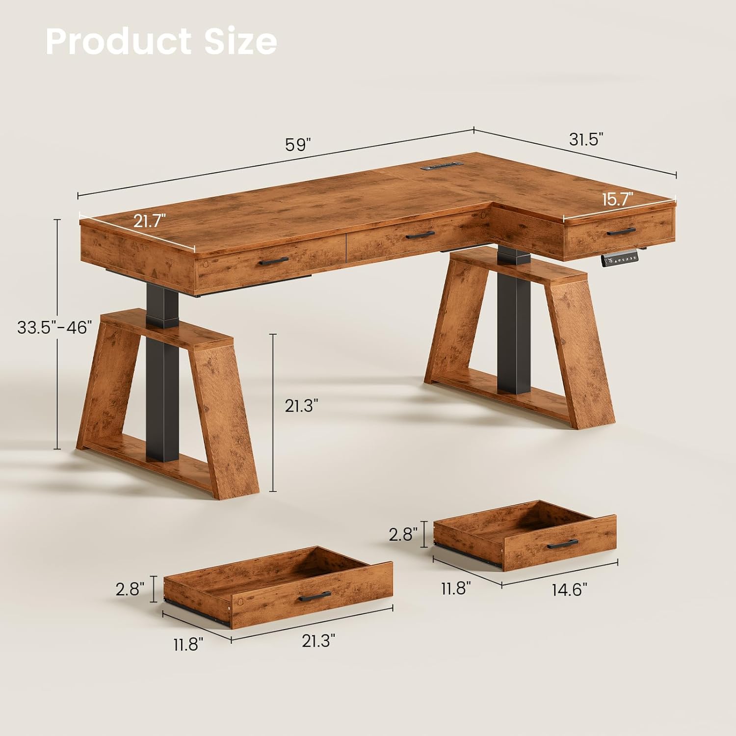 SEDETA 59 Inch L Shaped Electric Standing Desk with Drawers, Executive Adjustable Desk with Power Outlets, Sit Stand Computer Table for Home Office, Rustic Brown