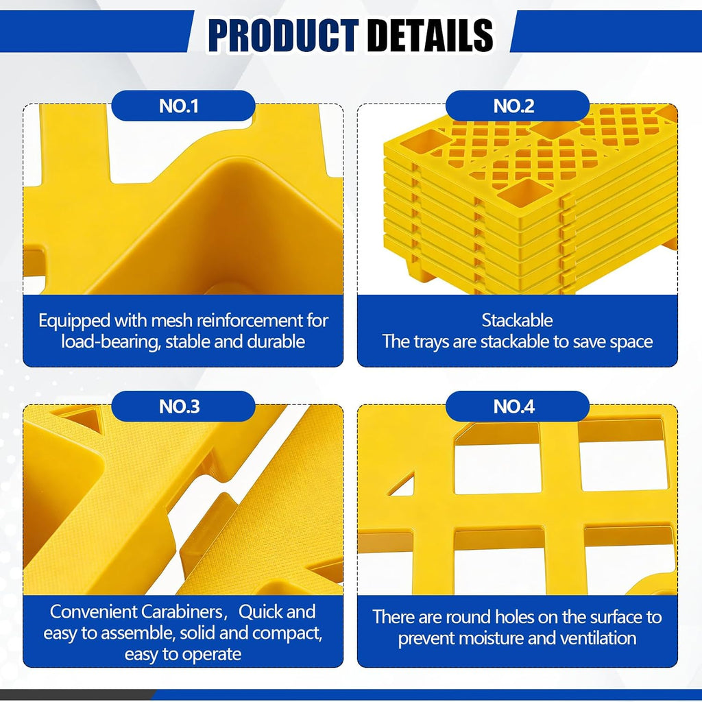 8 Pcs Plastic Pallets for Basement Storage Nestable Moisture Waterproof Lightweight Floor Pallets with Breathable Grid for Indoor Outdoor Supermarket Warehouse (23.6 x 15.8 x 3.9 Inch,Yellow)