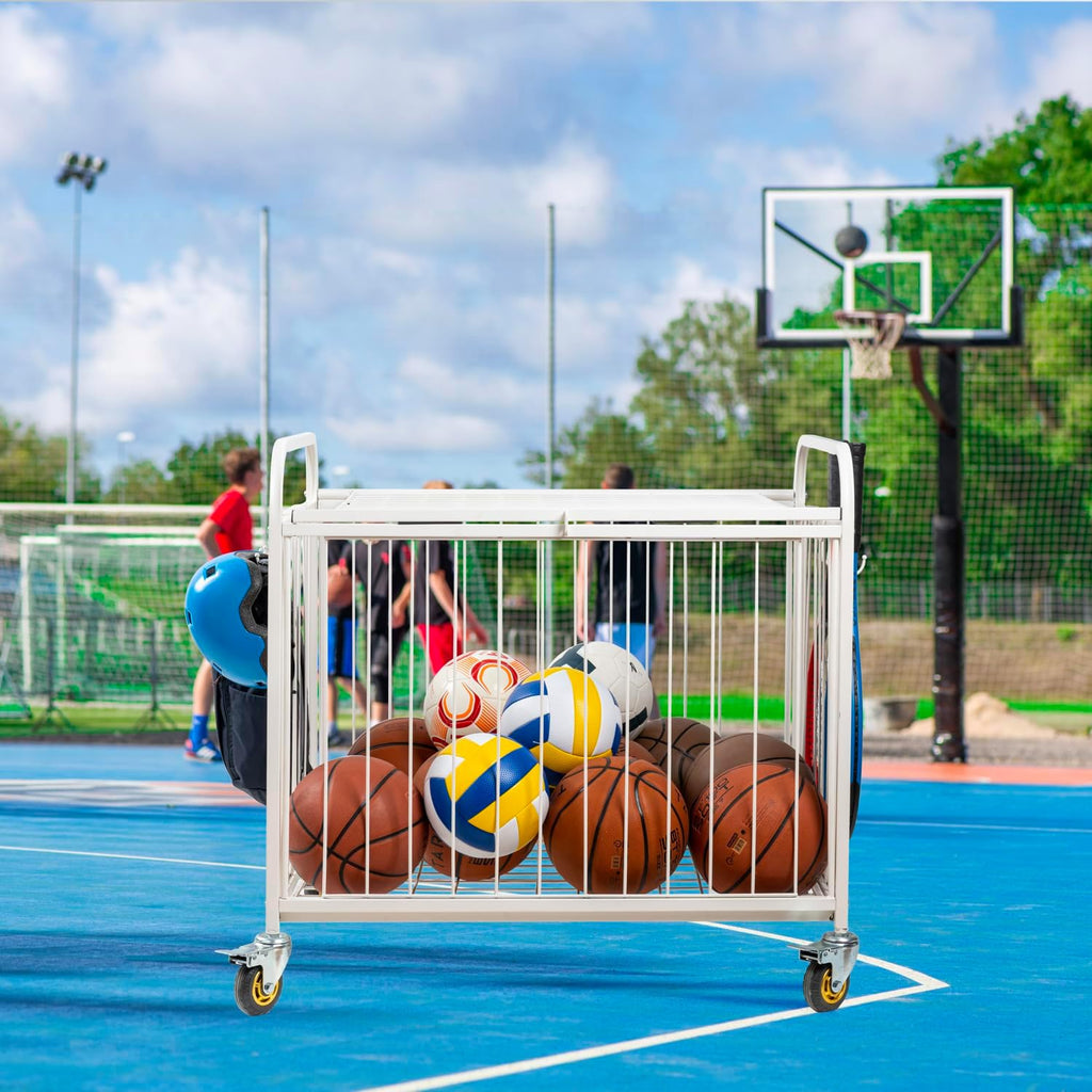 MyGift Large Capacity Metal Rolling Multi Sports Ball Cage Storage Hopper, Gym Equipment Basket Cart with Lockable Latch, Heavy Duty Caster Wheels, and 8 Accessory Hooks