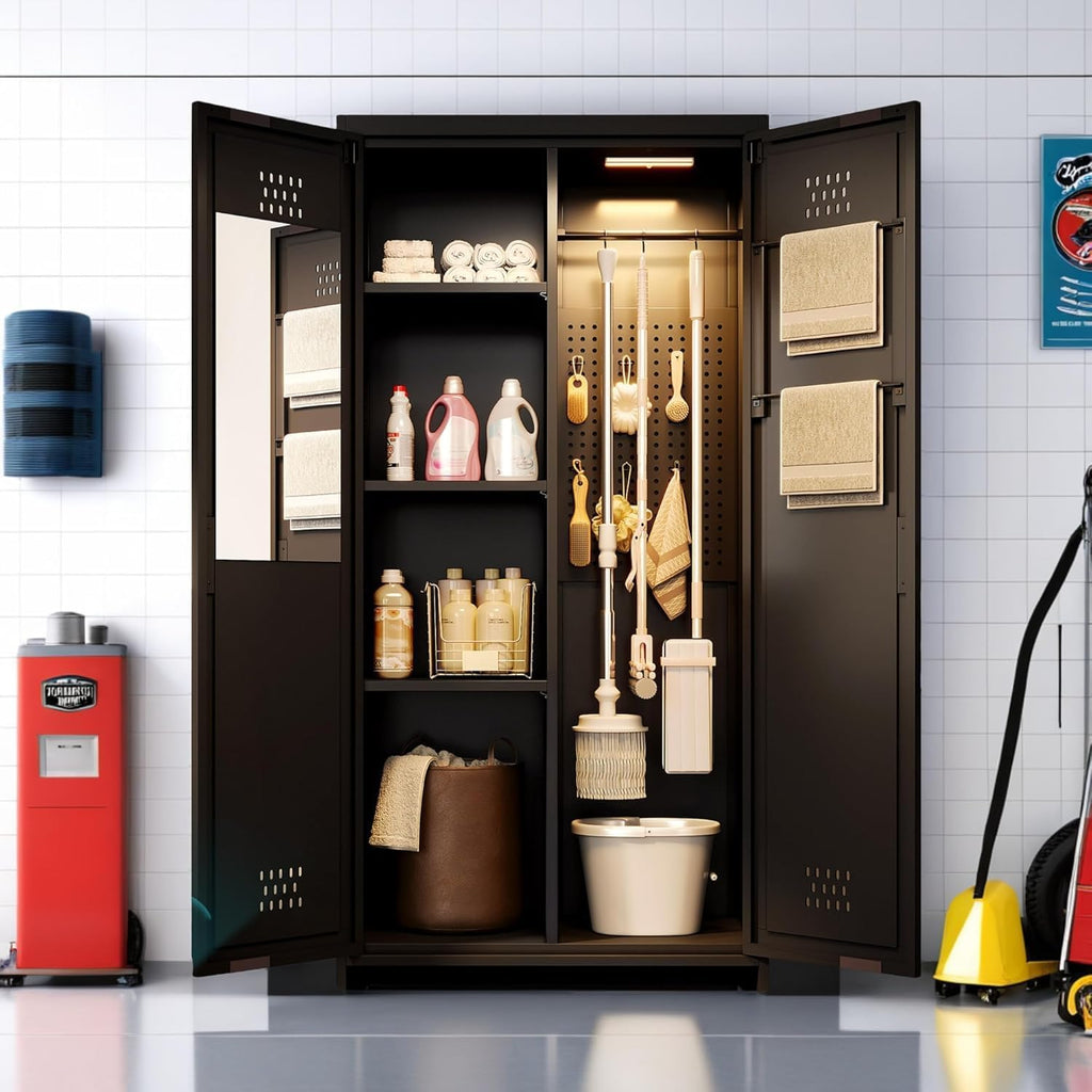 YITAHOME 71' Metal Garage Broom Cabinets with Adjustable Shelves, Vacuum Storage Cabinet with Doors and Drawer, Tool Storage Cabinet for Gym, Basement, Warehouse, Black, Metal